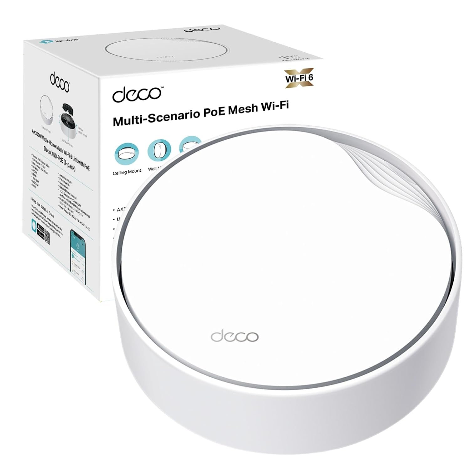 TP-Link Deco X50-PoE(1-pack) AX3000Mbps Whole Home Mesh WiFi 6 with PoE, 2.5G WAN&LAN Port, Dual-Band WiFi Booster, Seamless AI Driven Internet Booster, Supports PoE&DC Power Supply, HomeShield