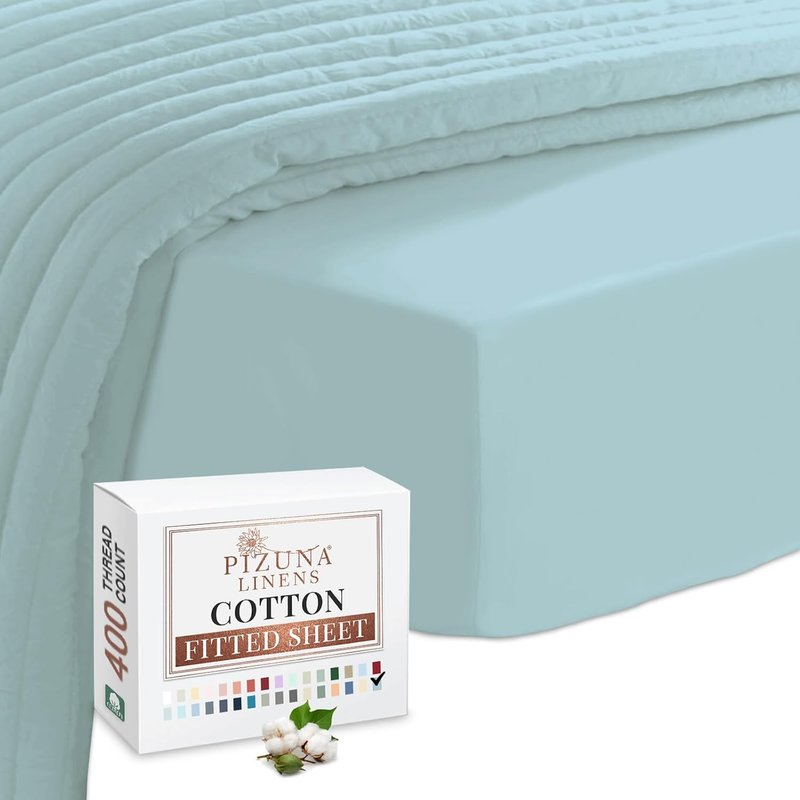 Pizuna 100% Cotton Fitted Sheets King Size Baby Blue, 400 Thread Count Long Staple Cotton Fitted Sheet 160x200 cm, Sateen Weave 40 cm Deep Fitted King Size Sheet 1 PC