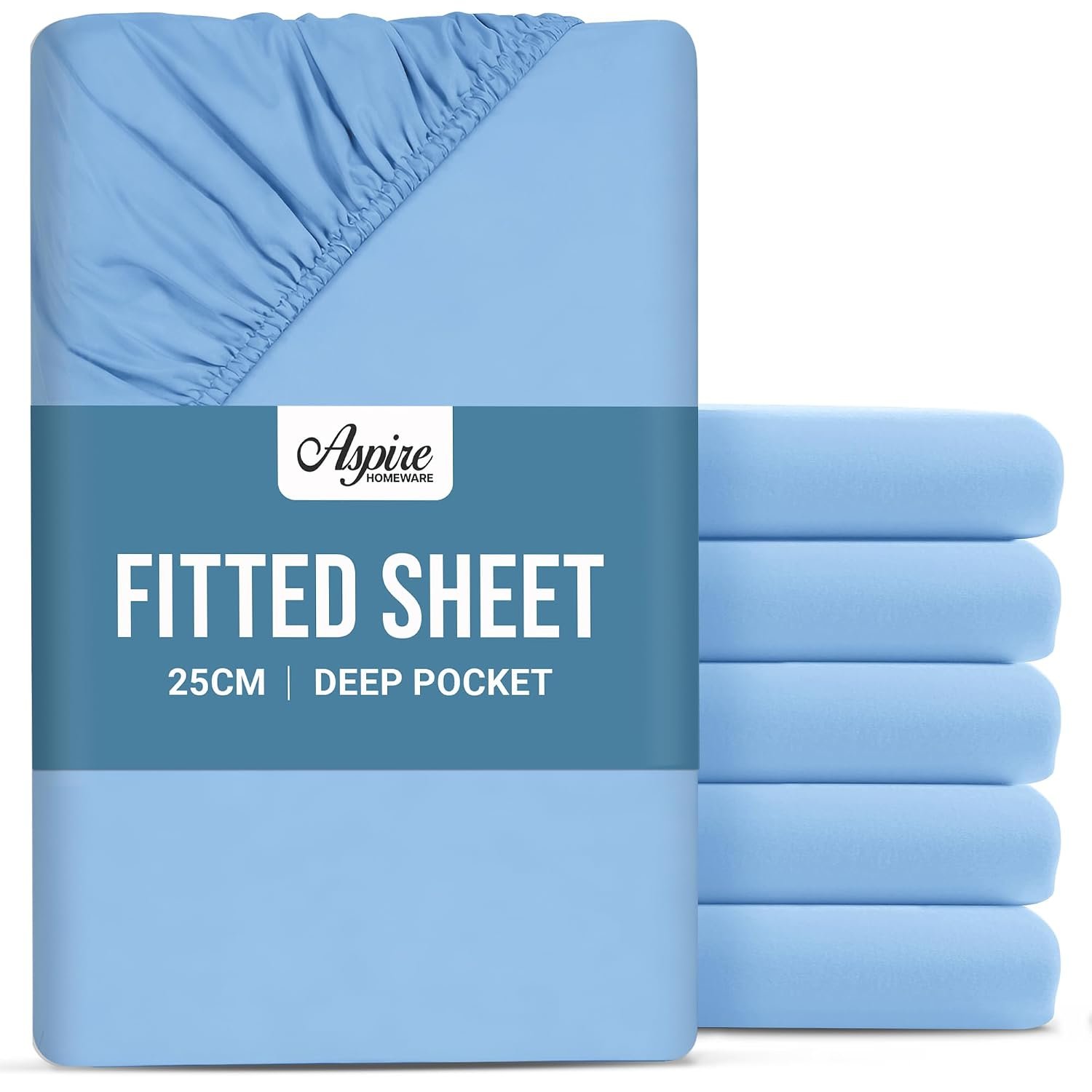 Aspire Homeware King Size Fitted Sheets 20 Pack - 25 cm Deep Hotel Quality (Light Blue) Bed Sheets - Soft & Breathable Fitted Sheets King Size - Anti-Wrinkle Easy Care Fitted Sheet