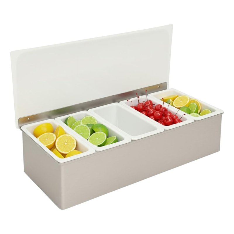 Chabrias Ltd Professional Stainless-Steel Condiment Dispenser - Food-Safe Compartment Back Bar Garnish Station | Removable Inserts with Flip Lid | Ideal for Bars, Pubs (Stainless Steel, 5 Compartment)