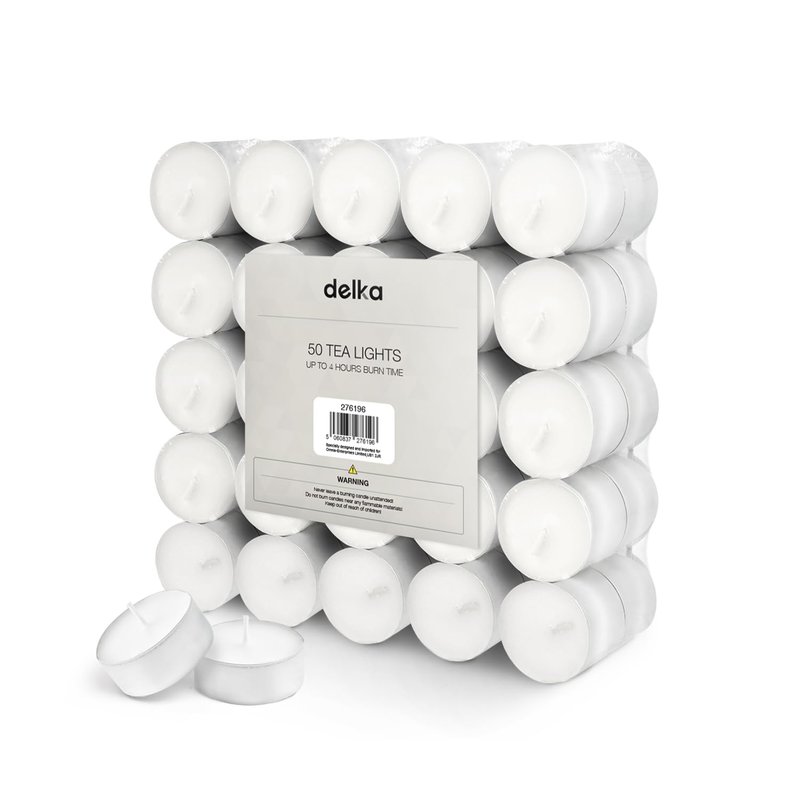 delka Unscented Tea Lights White-Long-Lasting 4 Hour Burn Time-Smoke-Free Bright Flame-Ideal for Weddings, Events, Aromatherapy, Home Décor, and Emergency Use-Premium Quality (White, 50 Pack)