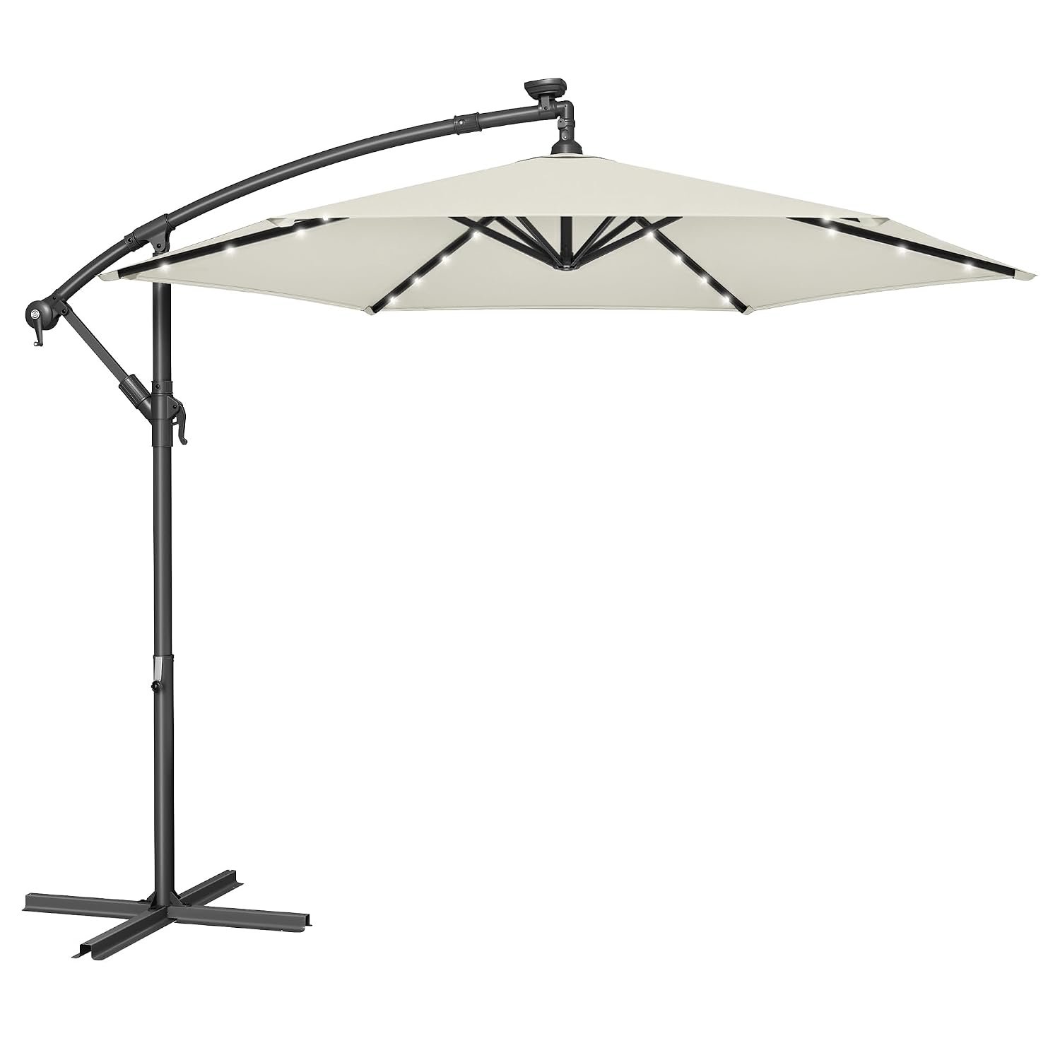 SONGMICS Cantilever Garden Patio Parasol Umbrella with Base, 3m Offset Parasol, Banana Hanging Umbrella, Sunshade UPF 50+, Crank for Opening Closing, 32 Solar-Powered LED Lights, Beige GPU118M01V1