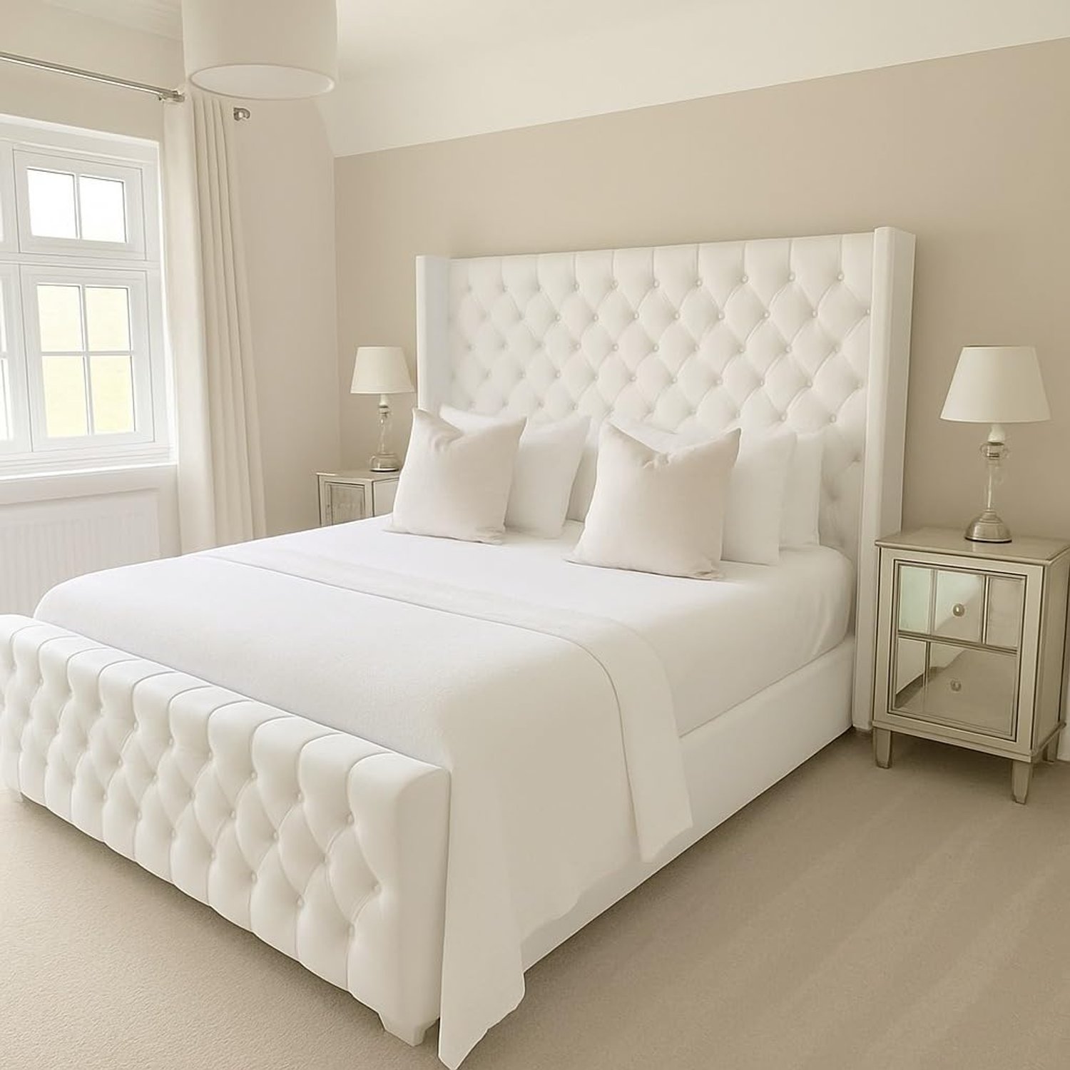 Bespoke Chesterfield Plush Velvet Cannas Wingback Bed - Mattress/Gas Lift Options - UK Made - Double/King/Super King (White Plush, Double 4ft6 Bed Frame)