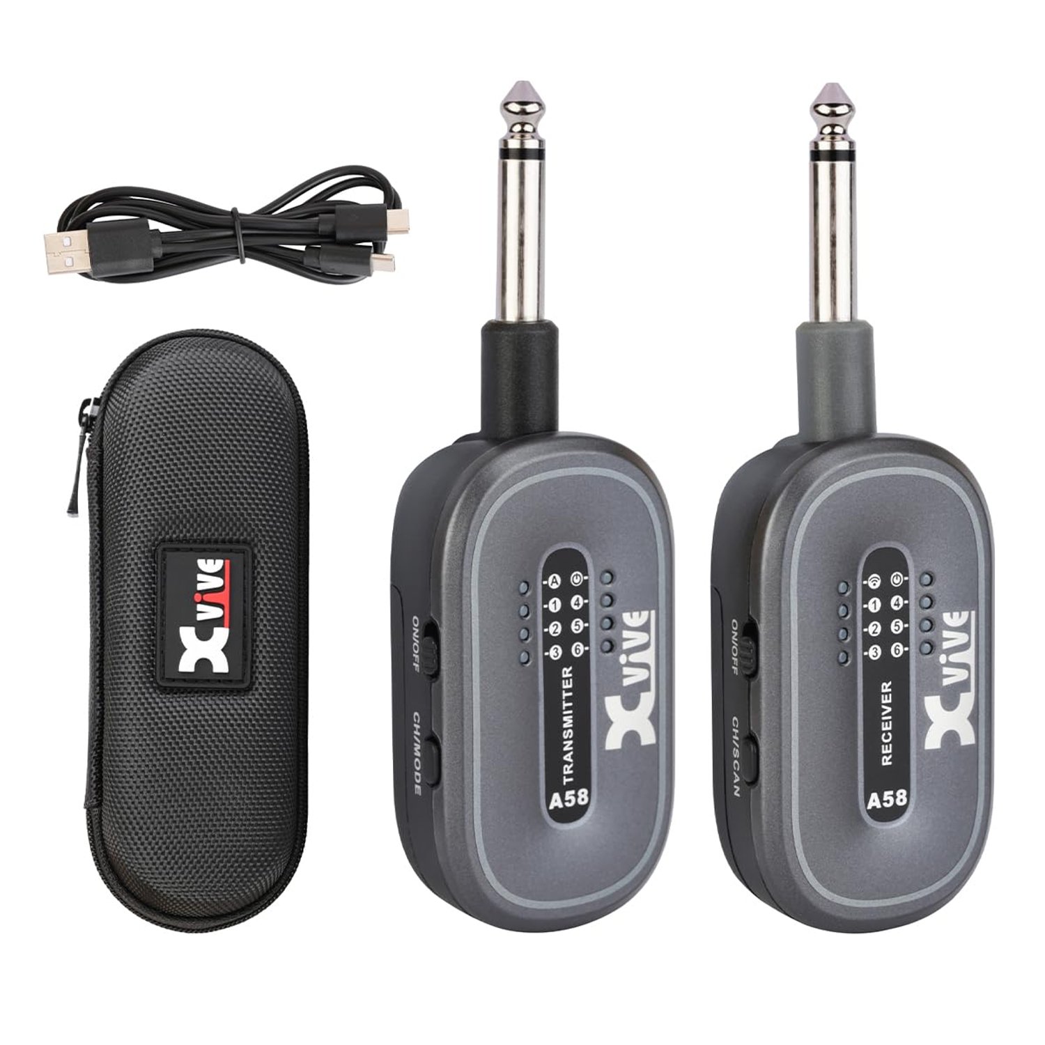 Xvive A58 Wireless Guitar System 5.8G Set with Transmitter and Receiver for Guitar with Active or Passive Pickup (Grey)