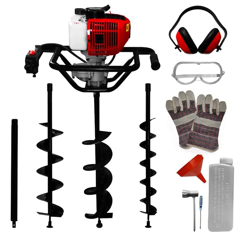 T-Mech Earth Auger Fence Post Hole Borer Ground 52cc Petrol Spiral Digger 3 Pillar Drill Bits Attachments 4 6 8 Inch Extension Pole 80cm 3HP 9000rpm 2 Stroke