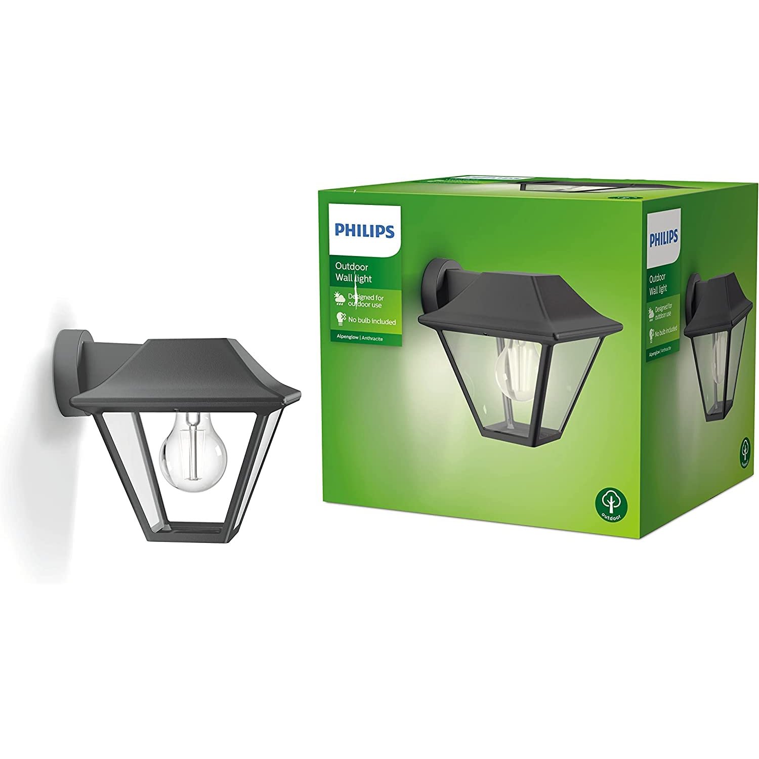 Philips Alpenglow Outdoor Wall Light, IP44 Weather-resistant, Durable, Classic Design, Aluminium, Classic Design, E27 Bulb Sold Separately, Anthracite Grey