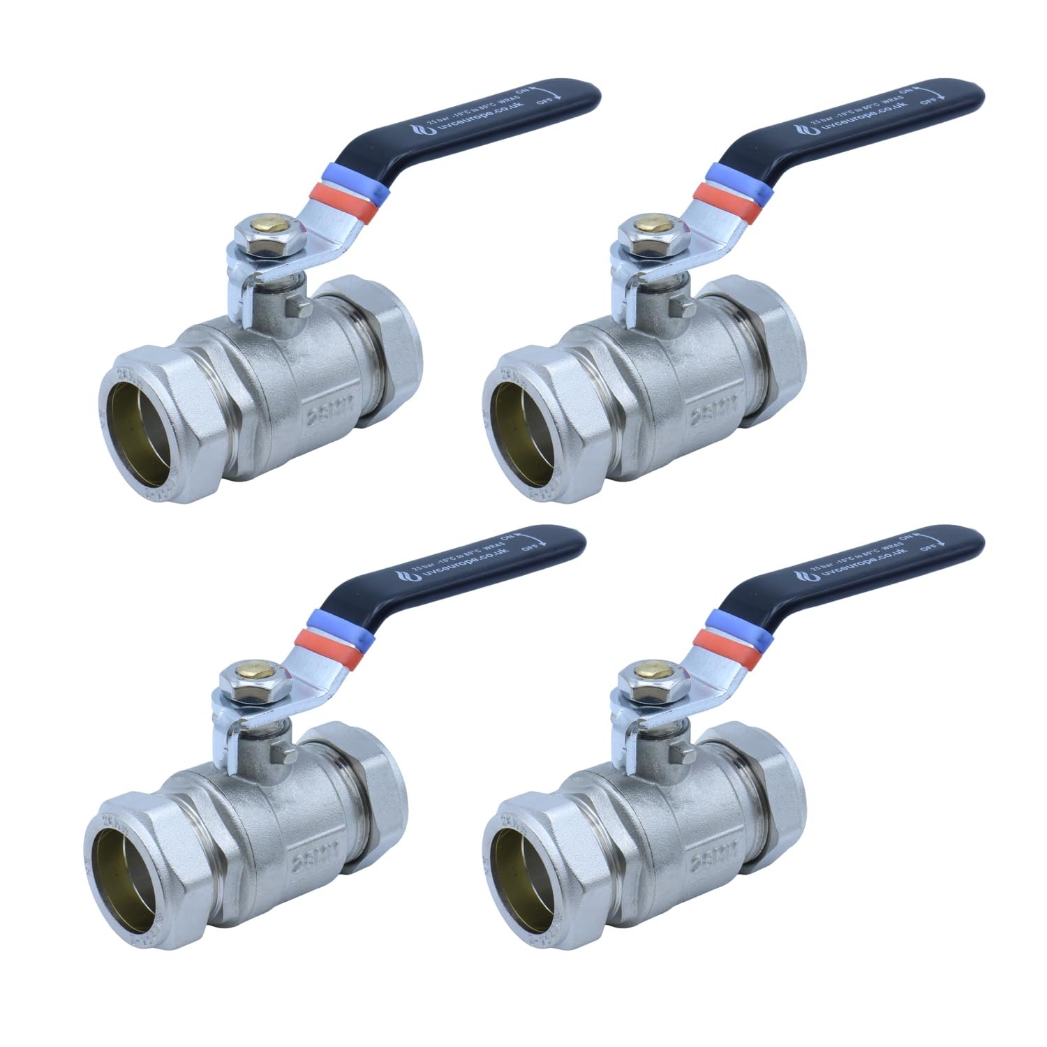 Ball Valve Full Bore Black Lever Compression, 15mm, 22mm and 28mm, Chrome Plated Brass (28mm, 4)