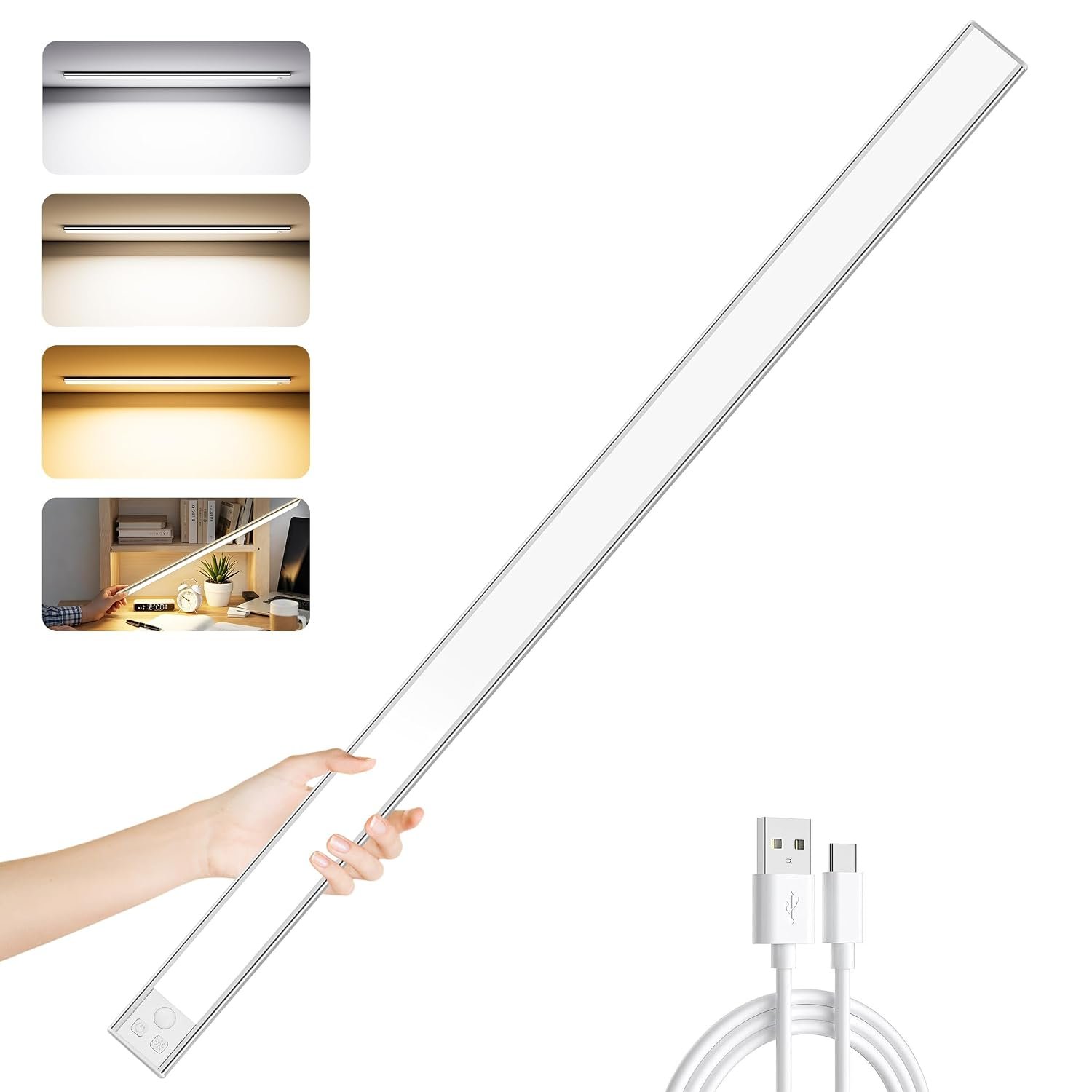 Ylatoial Under Cupboard Kitchen Lights, 1 Pack 60cm 5000mAh 3 Color Temperature Dimmable Rechargeable Magnetic LED Motion Sensor Lights Indoor for Cabinet