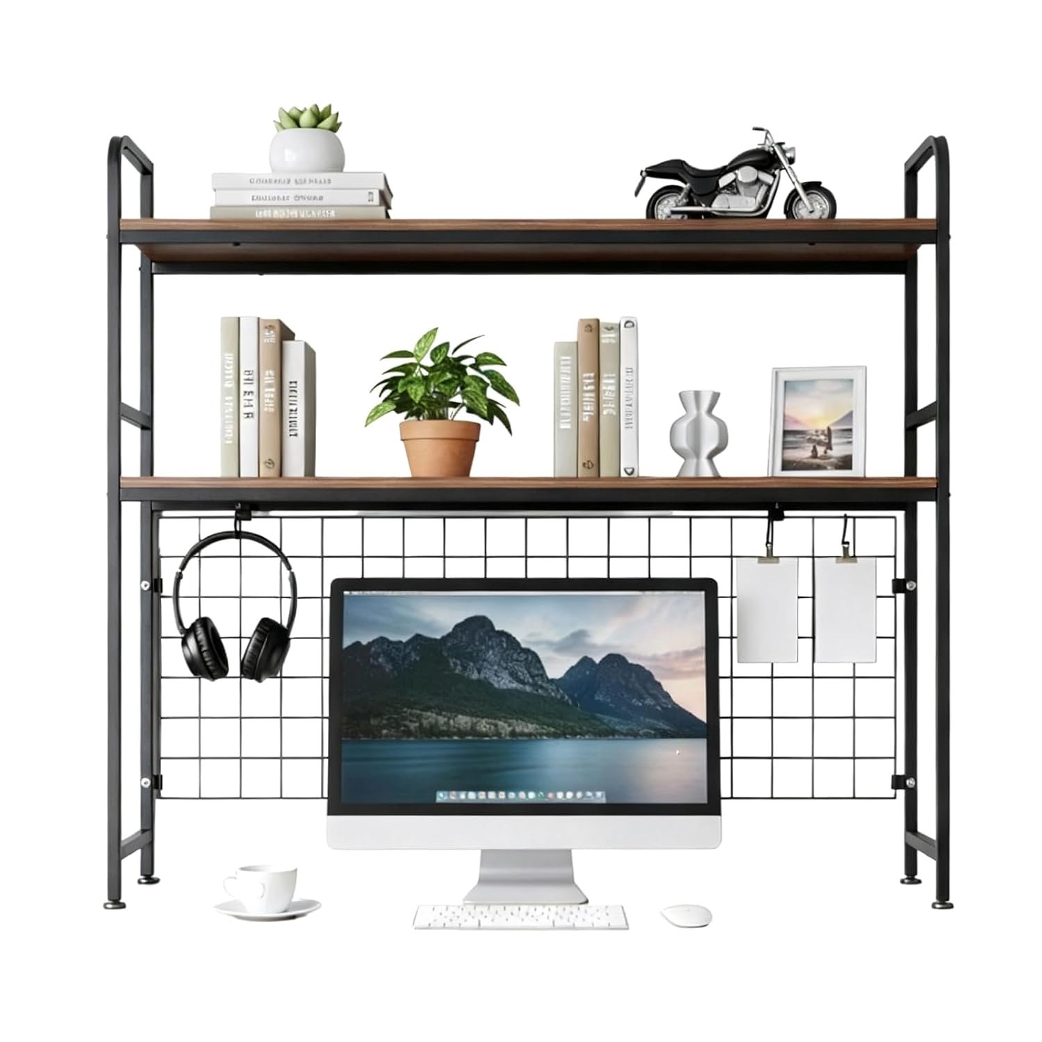 SUNNYNEST 2-Tier Computer Desktop Bookcase, 37.5" Desk Hutch Bookshelf with Adjustable Shelf, Heavy-Duty Metal Frame, Desktop Organizer for Monitor, Books, Printer & Office Supplies