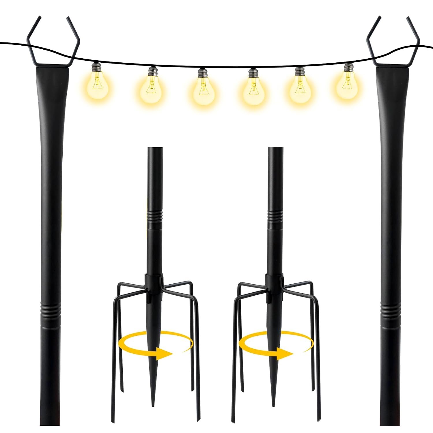 Yueidung String Light Pole for Outdoor Hanging - 10ft Patio Light Post with Fence Brackets Hanging Lights, Metal Stand Deck for Backyard, Garden, Wedding, Bistro Lights (4)