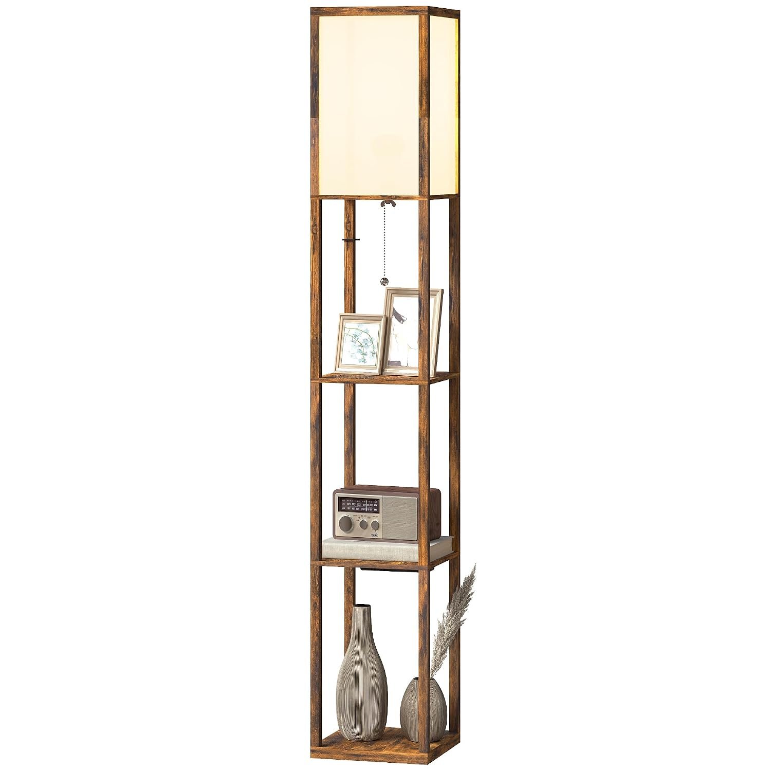 HOMCOM 3-Tier Floor Lamp with Shelves and Storage, Modern Corner Standing Lamp with Lampshade, Reading Light with Foot Switch for Living Room, Bedroom, Home Office, LED Bulb Included, Brown