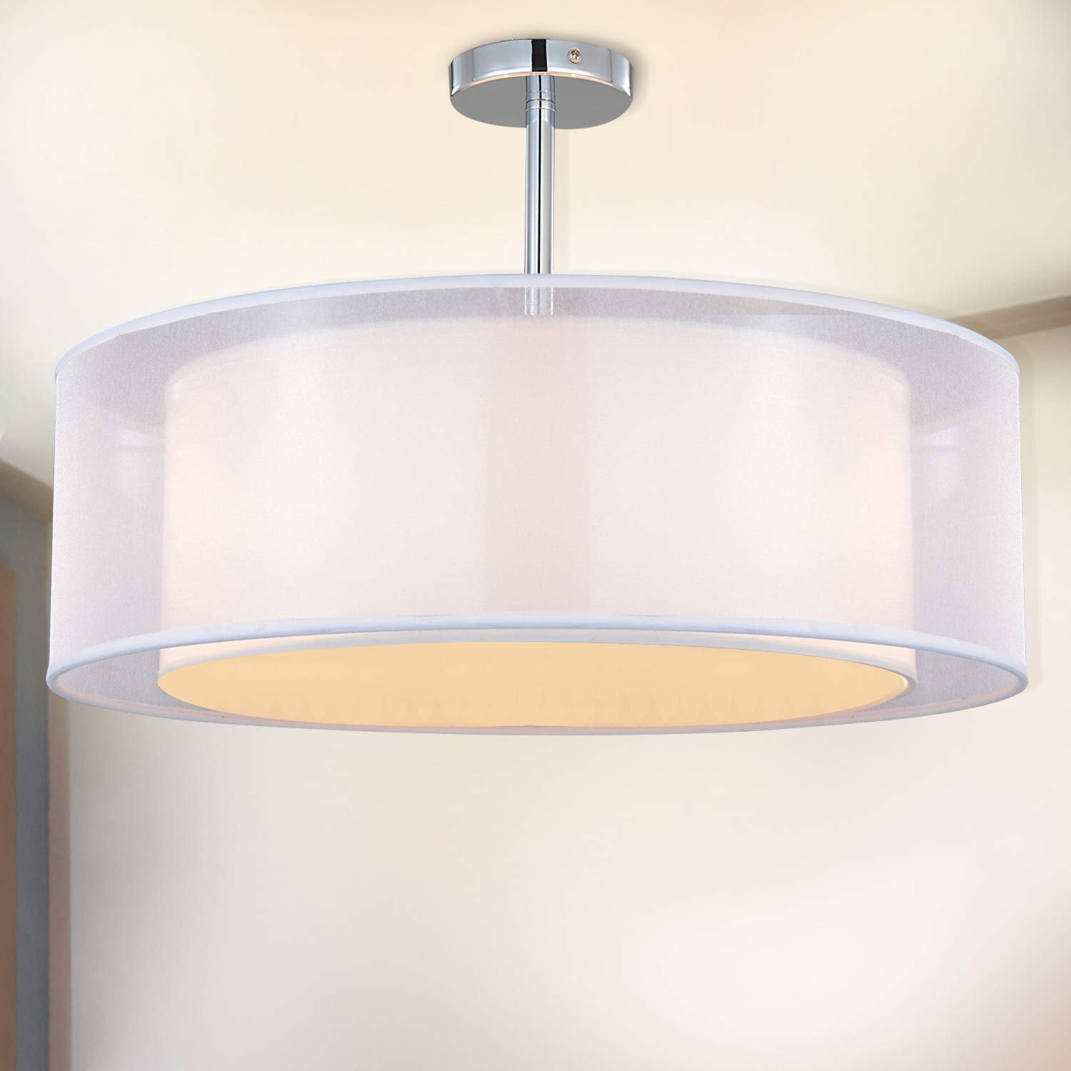 SPARKSOR Ceiling Light, Modern Fabric Pendant Light Shade, Large White Drum Lampshade, 2 Tiers Round Pendant Lamp, for Bedroom Living Room, Flush Chrome Matt, 3 Bulb, E27