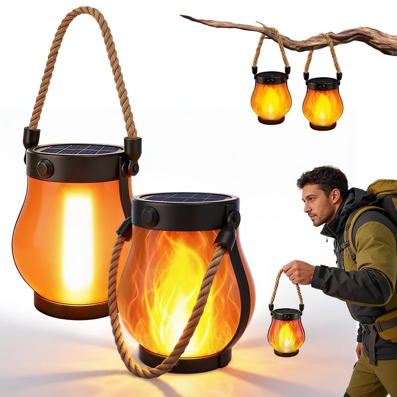 Wxeadu Solar Lantern Outdoor Lights with Dancing Flame, Outdoor Solar Lanterns with Realistic Dancing Flame, Waterproof Flamesolar Light for Garden Patio Camping Decor, Hanging with Hemp Rope (2Pcs)