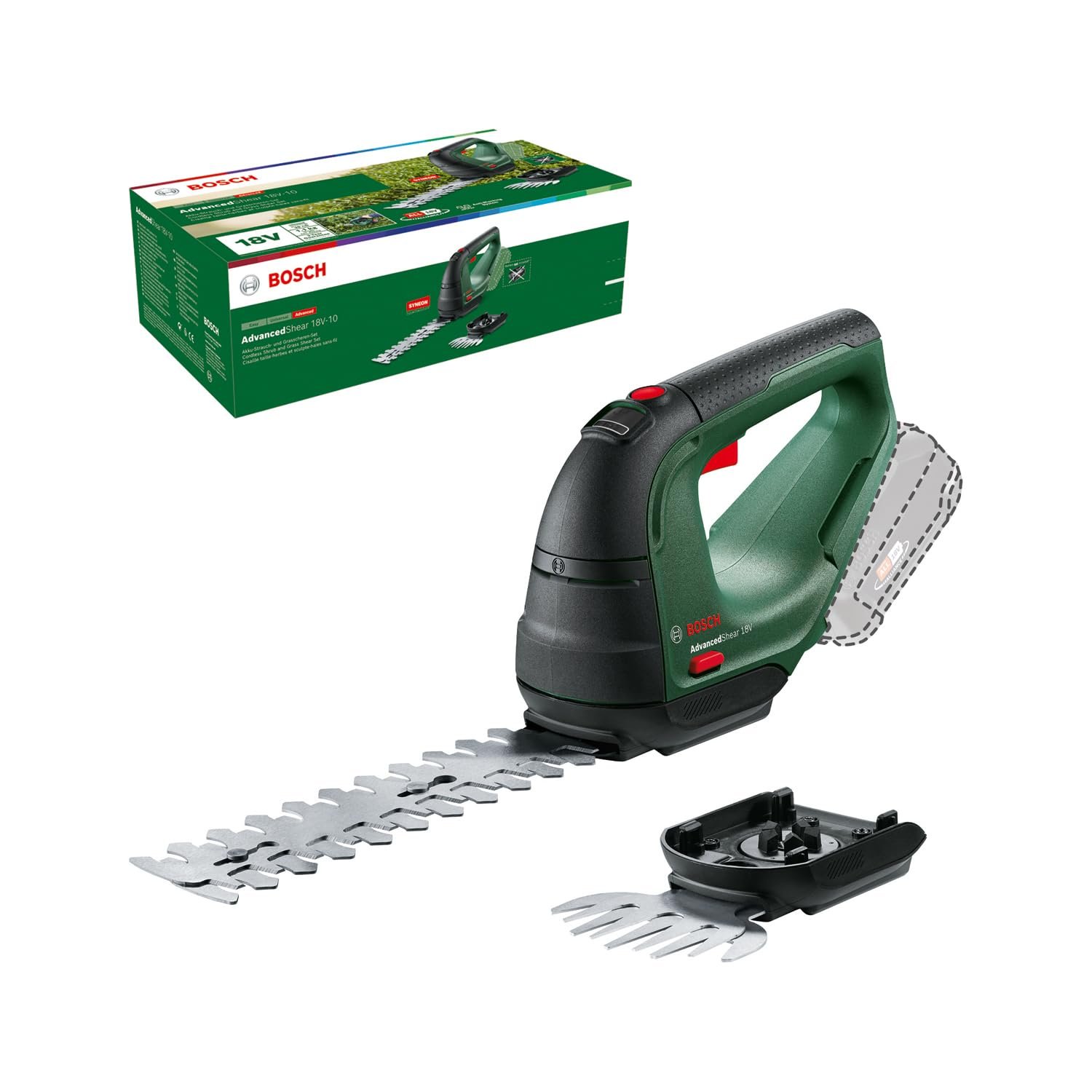 Bosch Cordless Grass Shear & Hedge Trimmer - AdvancedShear 18V-10 (18 Volt System, cuts up to 85 m² per Battery Charge, with Shrub and Grass Shear Blades, Without Battery)