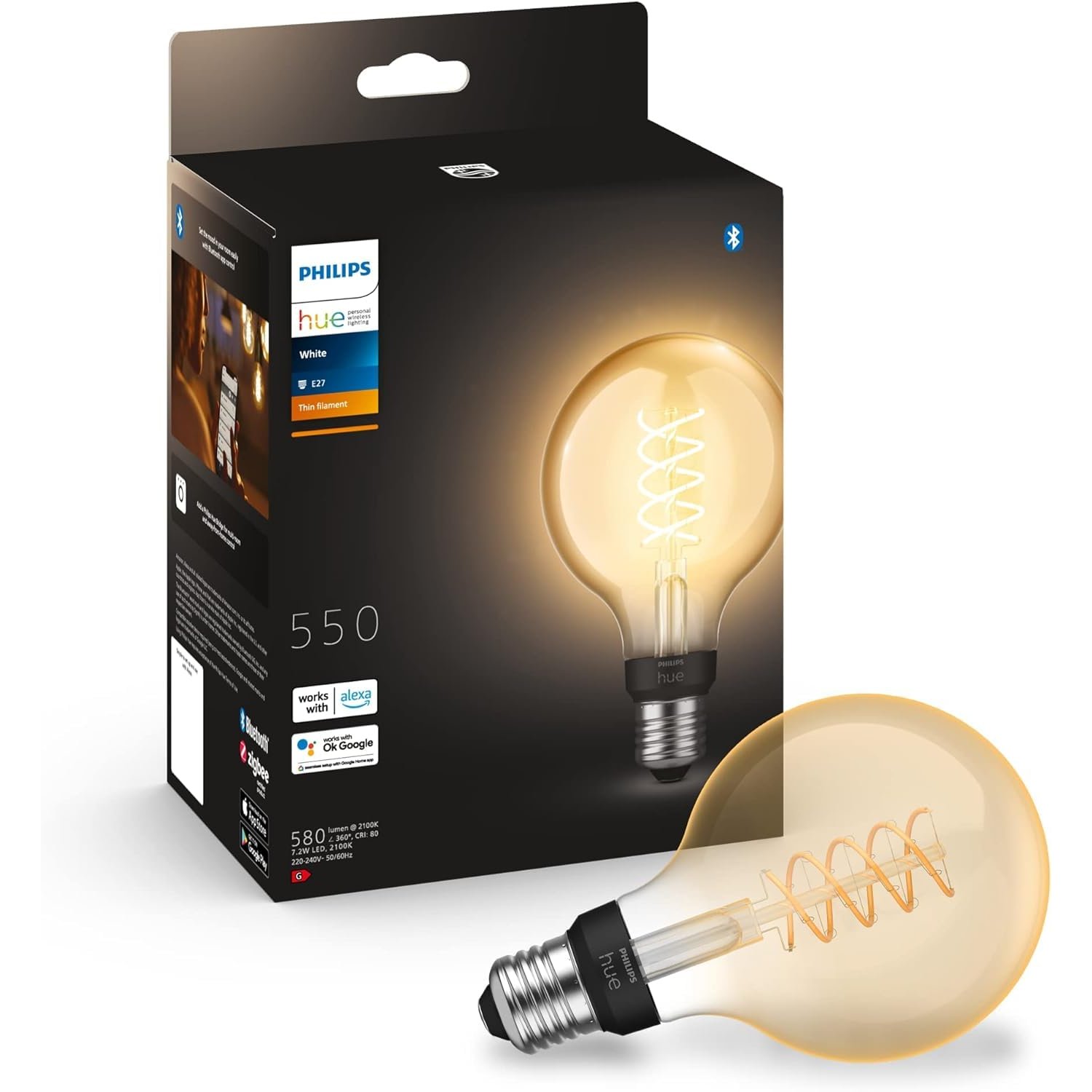 Philips Hue White Filament Retro E27 G93 Globe Works with Alexa Smart Light