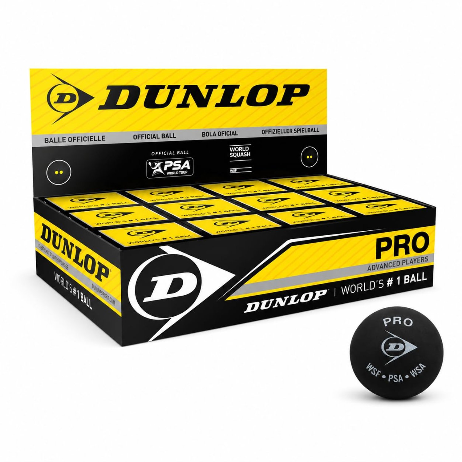Dunlop Squash Balls Pro Double Yellow, 12 Balls, Official Tournament Squash Ball