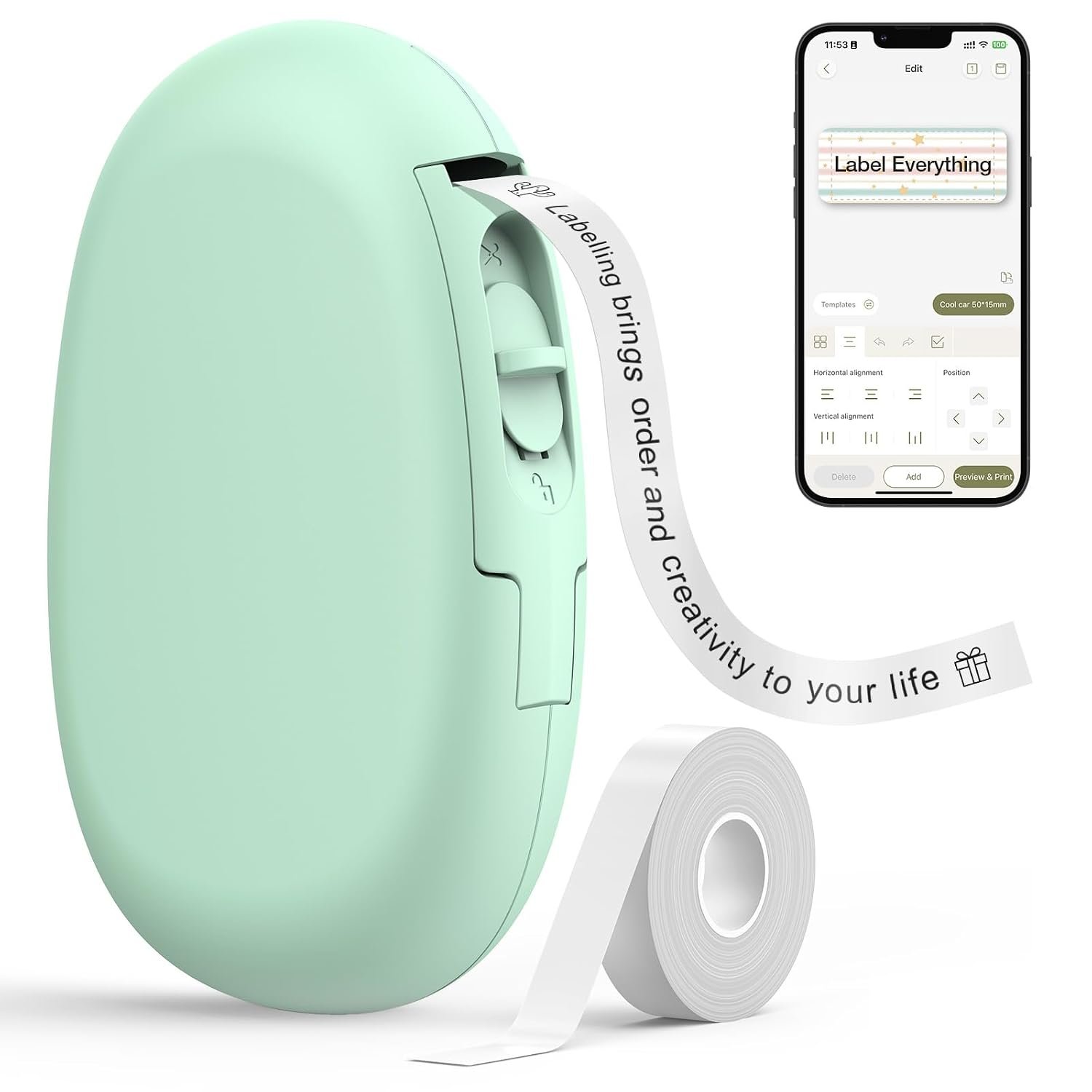 SUPVAN E10 Mini Bluetooth Label Maker Machine with Tape, Continuous Waterproof Label, Versatile App with 30+ Fonts and 660+ Icons, Inkless Labeler for Home, Kitchen, School, Office Organization, Green