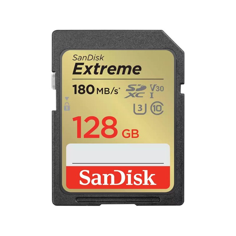 SanDisk 128GB Extreme SDXC card, SD card up to 180MB/s, V30 Memory card, UHS-I, Class, 10, U3, V30, RescuePro Deluxe data recovery software.