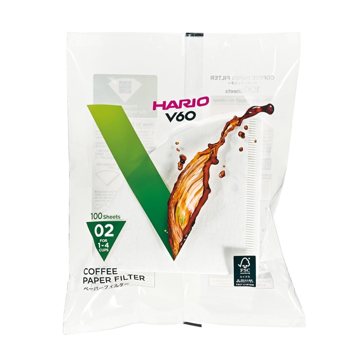 HARIO Paper Coffee Filters for V60 Dripper, Compatible with Size 02, White, 100 Pack, 100 Pieces, VCF-02-100W