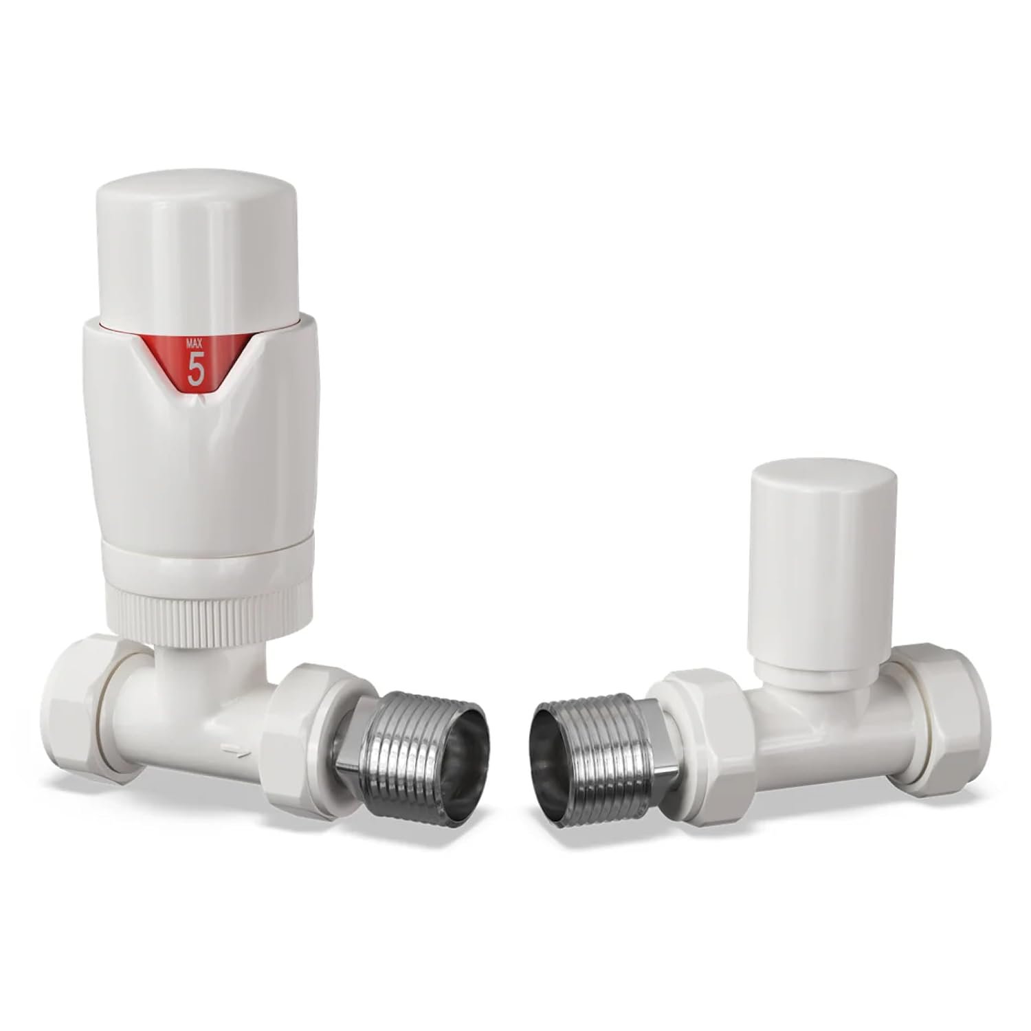UK Radiators Thermostatic Radiator Valve (TRV) - 15mm Straight Lockshield - Glossy White Colour - Energy Saving 1/2" x 15mm Brass Straight Valve