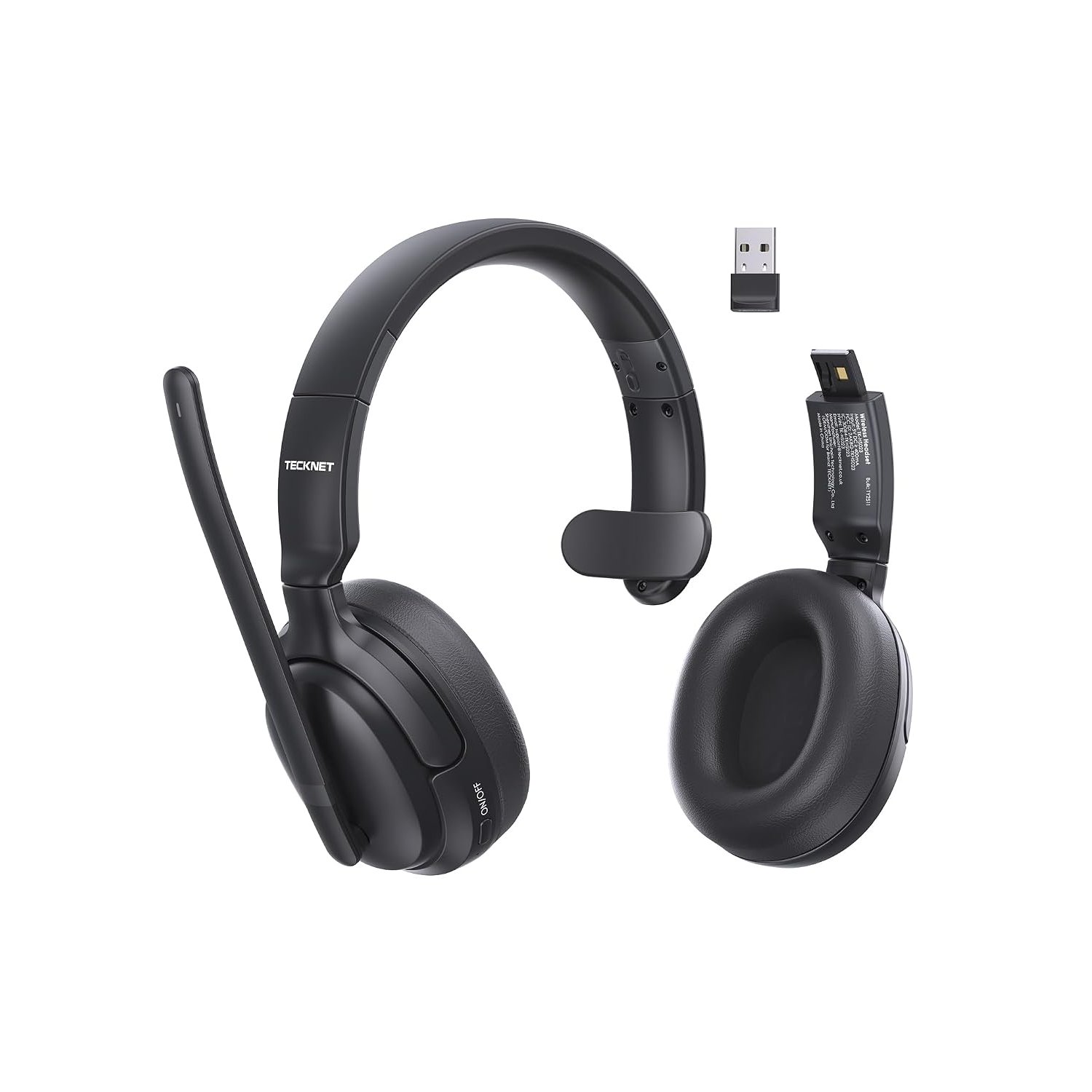 TECKNET 5.4 Bluetooth Headphones Over Ear, Stereo/Mono 2-in-1 Wireless Headphones, 65H Playtime & Mute, Wireless Headset with ENC Noise Cancelling Microphone for Home Trucker Office Call Center, Black