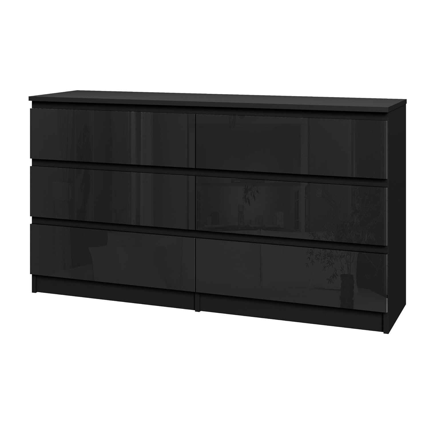 Panana High Gloss Fronts and Matte Sides Chest of Drawer, 3/4/5/6 Drawers Wooden Dresser No Handle Sleek Design Bedside Table Storage Cabinet for Bedroom Living room Furniture (Black, 6 Drawers)