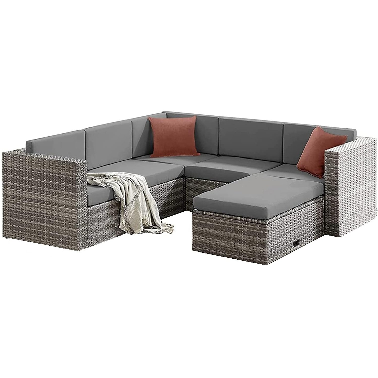 EVRE Monaco Rattan Garden Furniture Set 6 Piece Seat 5 Sofa 1 Ottoman Footstool Outdoor Wicker Weave Lounge Sofa and Convertible Glass Top Table with Cushions