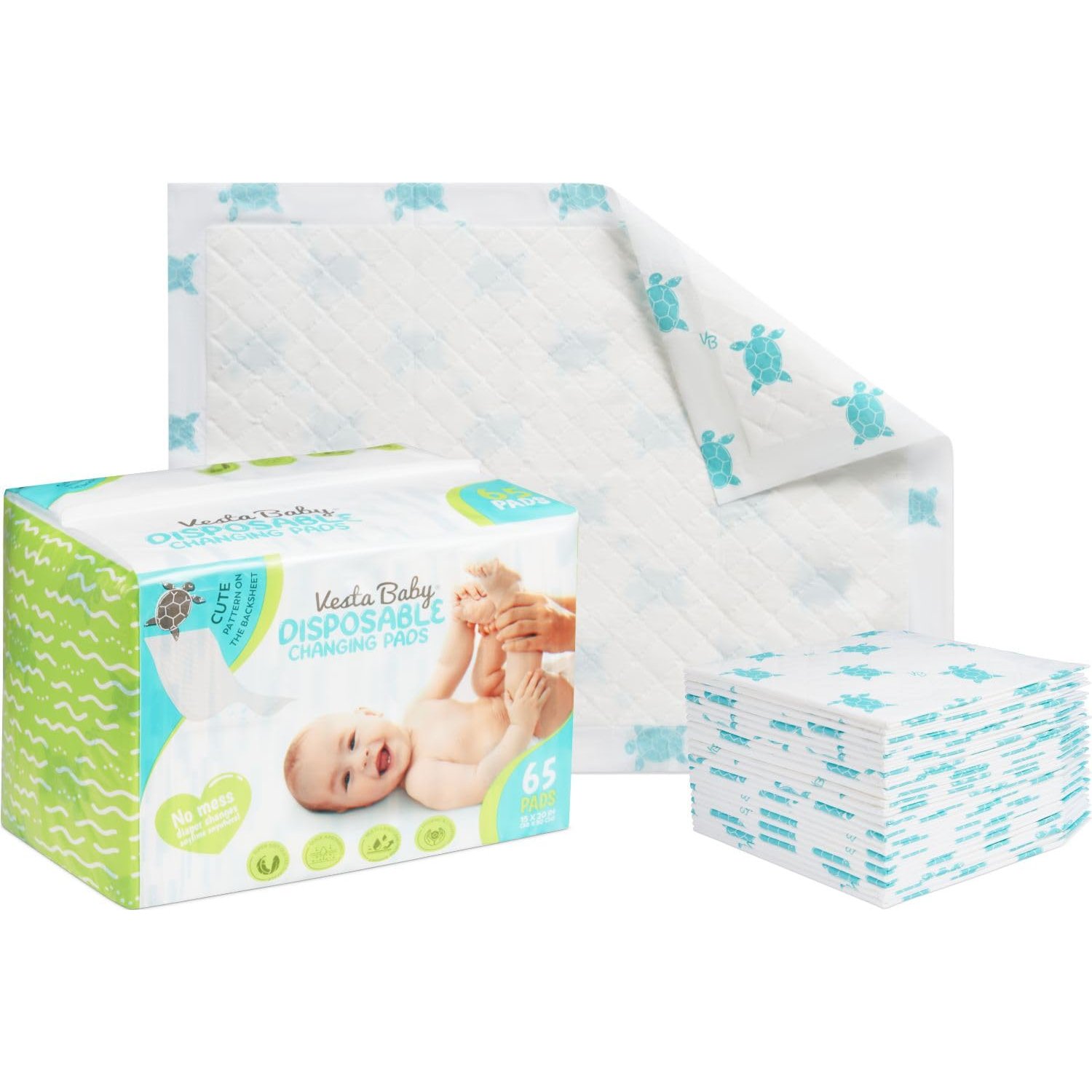 Vesta Baby Disposable Changing Pads - 65 Soft Absorbent Leak Proof Incontinence Mats - Newborn Portable Nappy Change Underpads - Protection Waterproof Liners