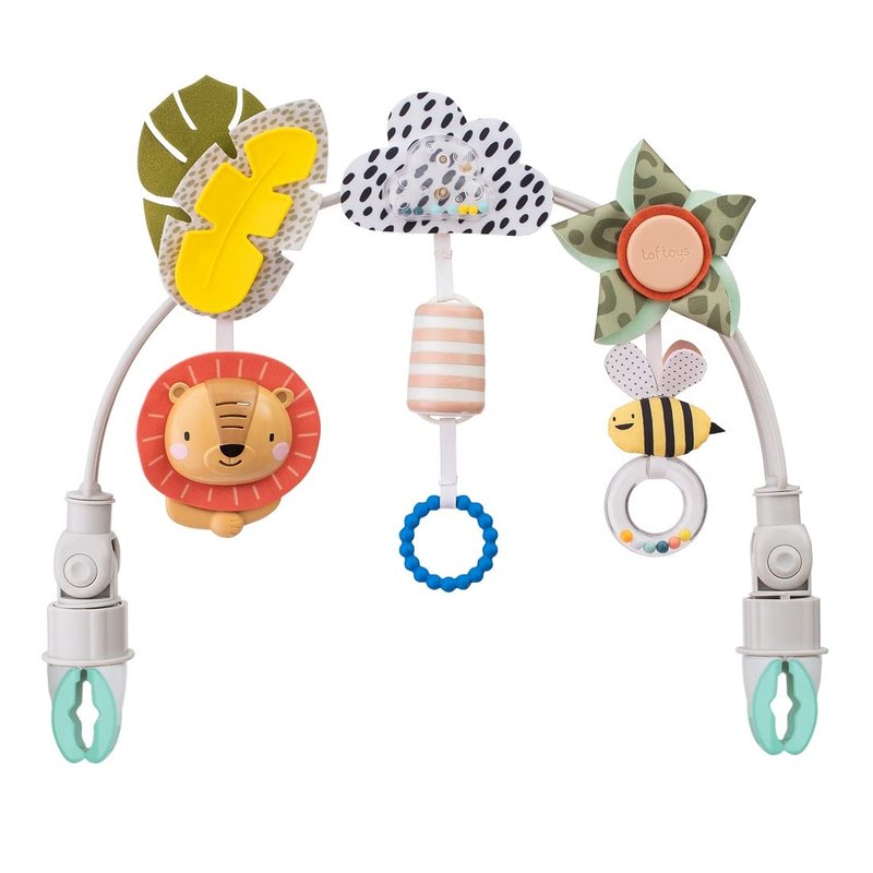 Taf Toys Savannah Baby Pram Arch. Activity Travel Arch with 3 Sensory Hanging Toys. Toy Bar Fits Strollers & Car Seats. Large Adjustable Clips. Foldable. Suitable for Newborn Boys & Girls 0 months +