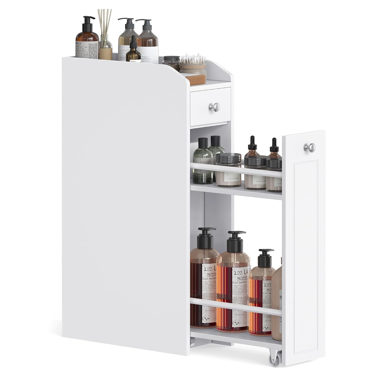 VASAGLE Small Bathroom Cabinet, Slim Bathroom Storage Unit, Bathroom Organiser, Freestanding Toilet Paper Storage Cabinet with Slide Out Drawers, for Small Spaces, White BBC847P31