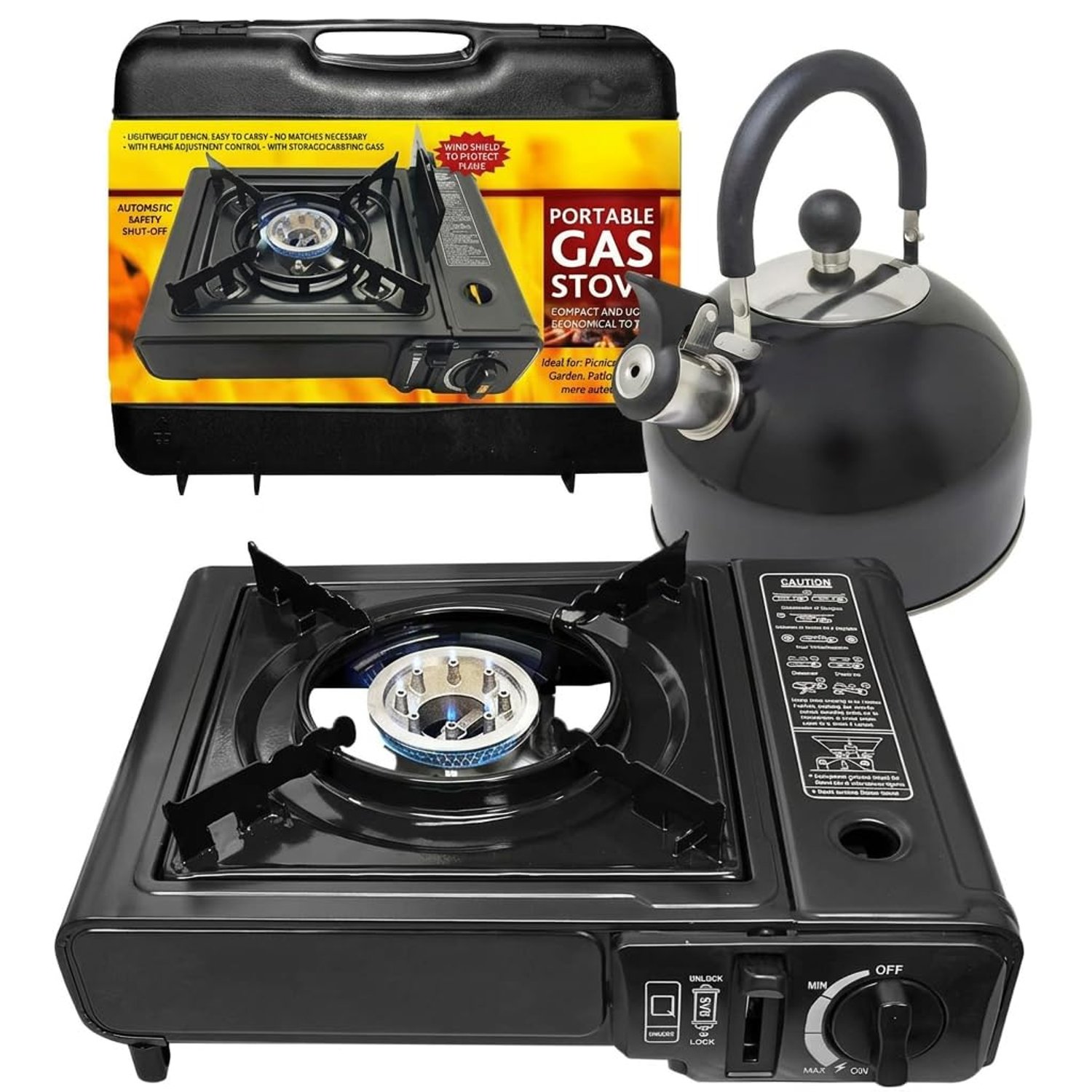 Portable Gas Cooker Camp Stove + 2.5L Whistling Kettle - For Outdoor Cooking, Camping, Fishing & BBQ | Premium Burner, Automatic Ignition & Heat Control, EN417 Compliant - Black Grill & Carry Case