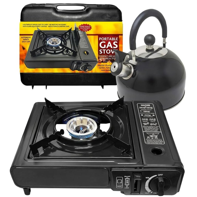 Portable Gas Cooker Camp Stove + 2.5L Whistling Kettle - For Outdoor Cooking, Camping, Fishing & BBQ | Premium Burner, Automatic Ignition & Heat Control, EN417 Compliant - Black Grill & Carry Case