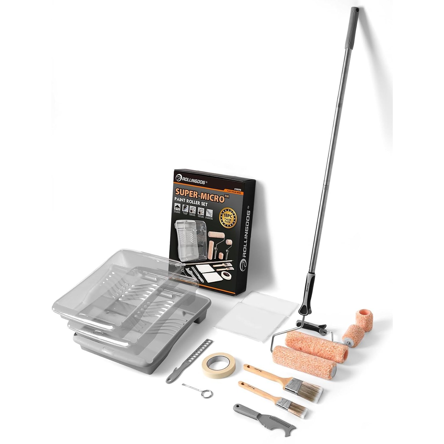 ROLLINGDOG Paint Roller Set - 9" Roller Sets for Painting, Paint Rollers and Trays Sets, 18PC Paint Roller Set with Extension Pole, Paint Brush, Masking Tape, Dust Sheet