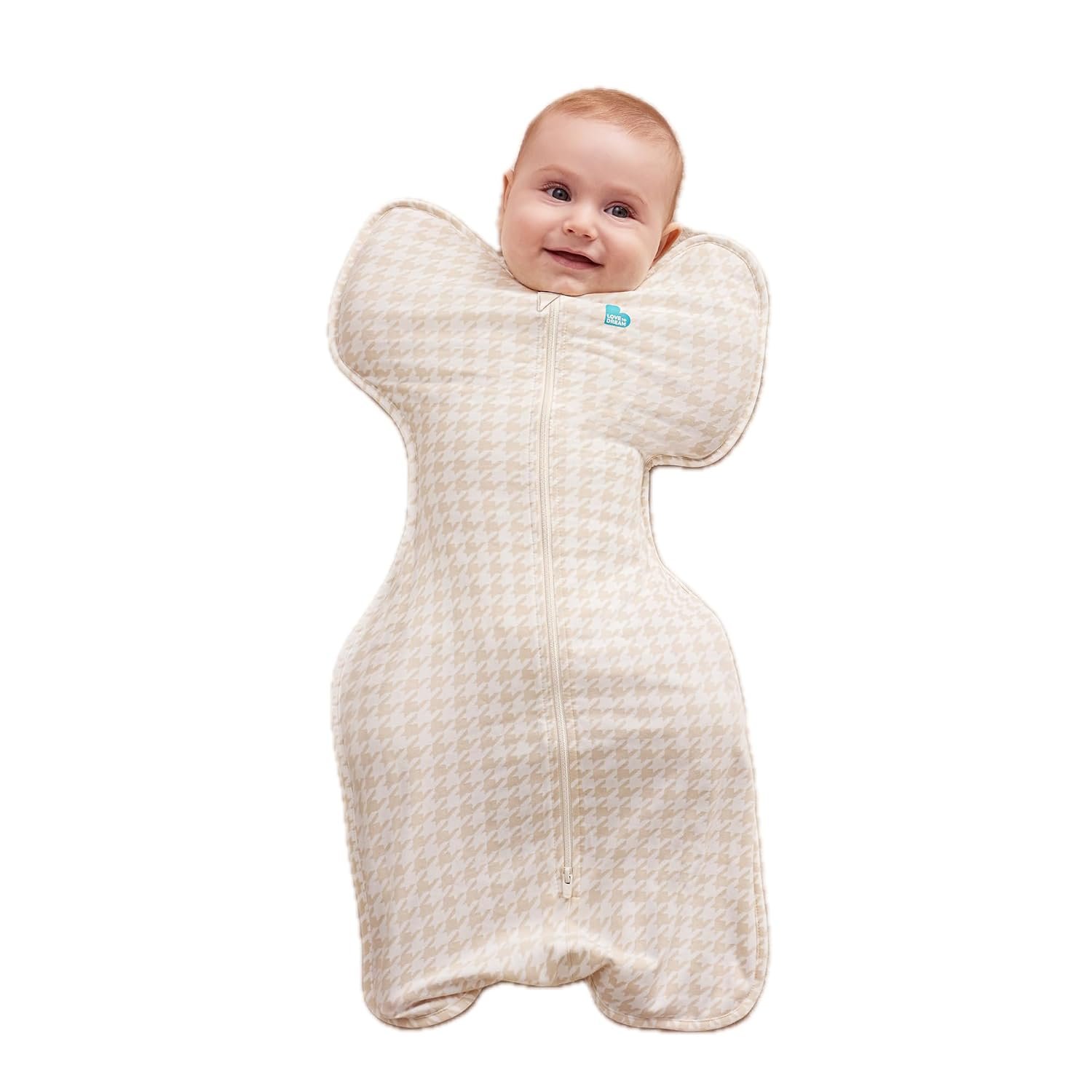 Love To Dream™ Swaddle UP™, Medium 6–8.5 kg – Tan Houndstooth | Snug Fit, Supports Healthy Sleep Routine | 1.0 Tog Ideal for Spring & Summer (20–24°C) | Machine Washable Cotton & Double Zip