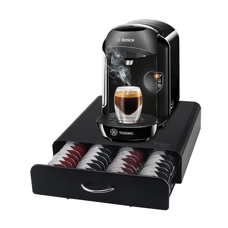 EVER RICH® Tassimo Capsule Storage for 64 Pieces, T-Disc Coffee Capsules, Bosch Tassimo Stand and Storage Drawer, Anti-Vibration Design, Black Metal (Black Drawer 64)