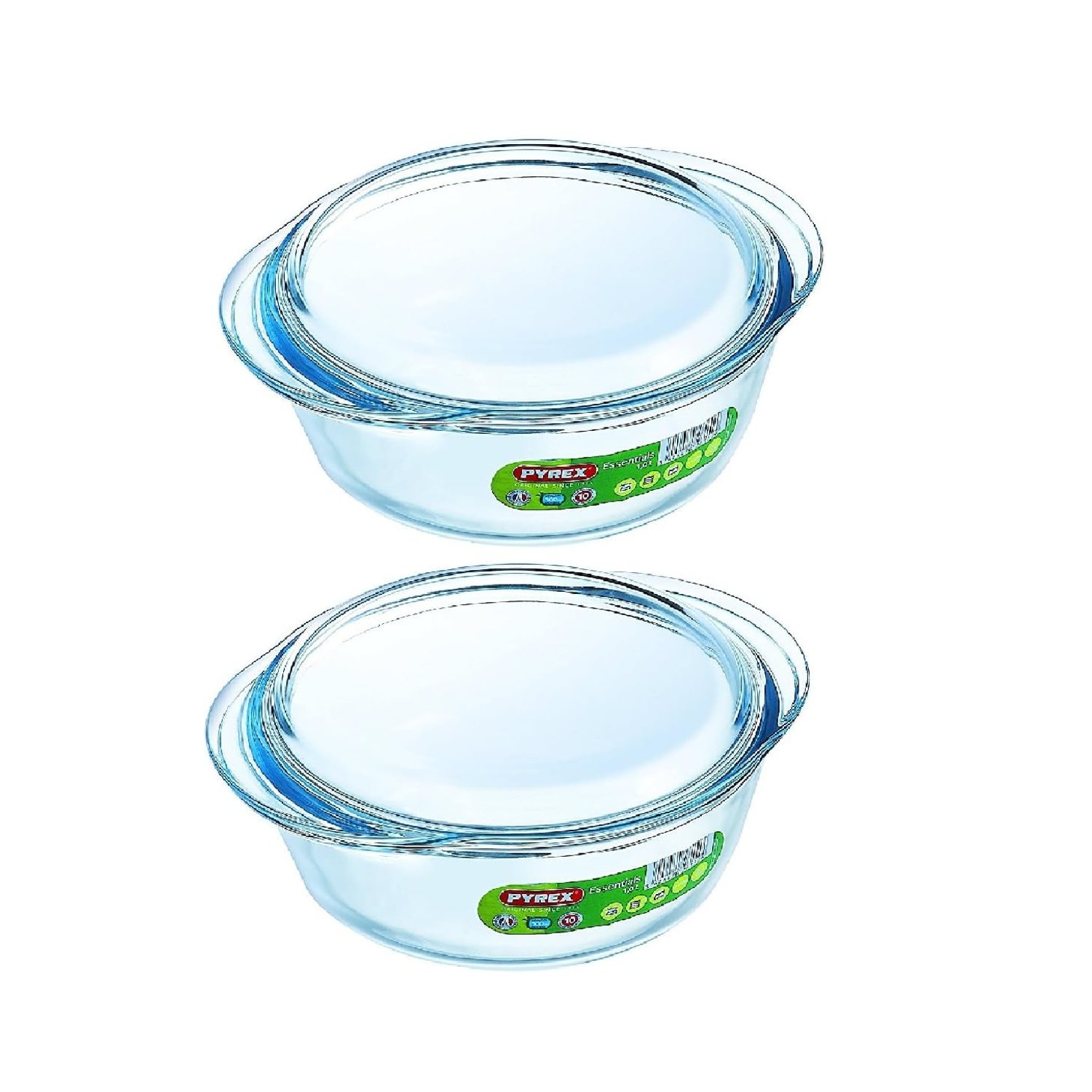 Pyrex Essentials Glass Round Casserole Dish with Lid 1.0L Transparent (Pack of 2)