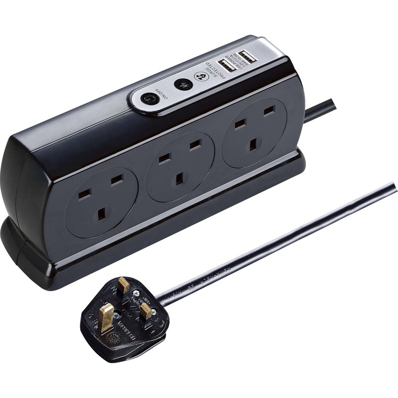 Masterplug Six Socket Switched Inline Power Surge Protected Extension Lead with Two USB Charging Ports, 2 Metres, Gloss Black