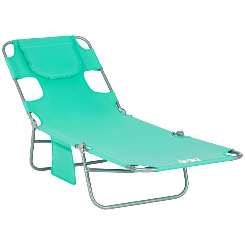 Outsunny Foldable Sun Lounger, Beach Chaise Lounge with Reading Hole, Arm Slots, 5-Position Adjustable Backrest, Side Pocket, Pillow for Garden, Beach, Camping, Green