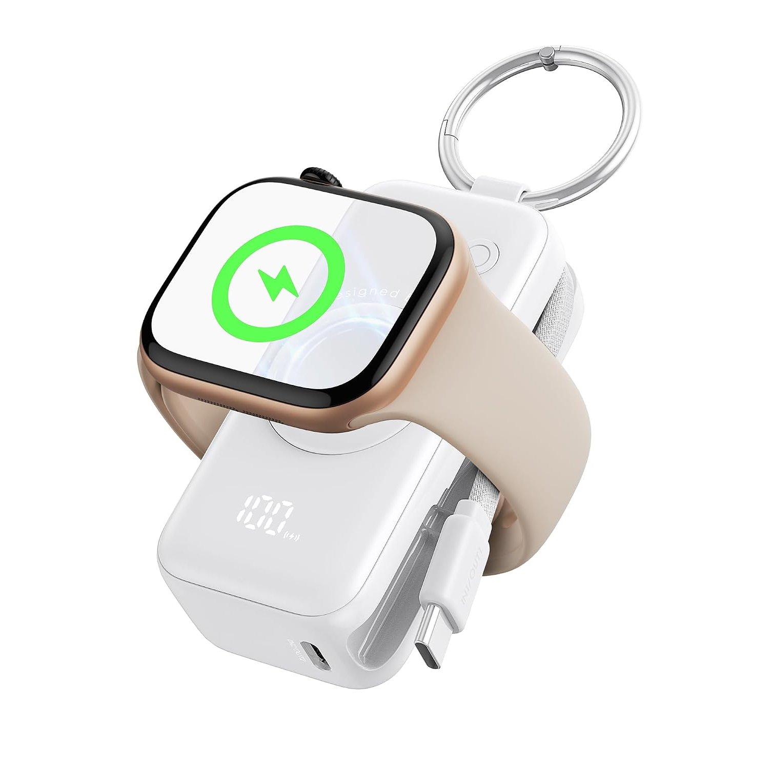 INIU Power Bank for Apple Watch, 5000mAh Wireless Portable Charger Powerbank with Built-in Cable, Slim Travel Keychain Battery Pack with LCD Display for iWatch 10/9/8/Ultra2/Ultra/SE, iPhone 16 White