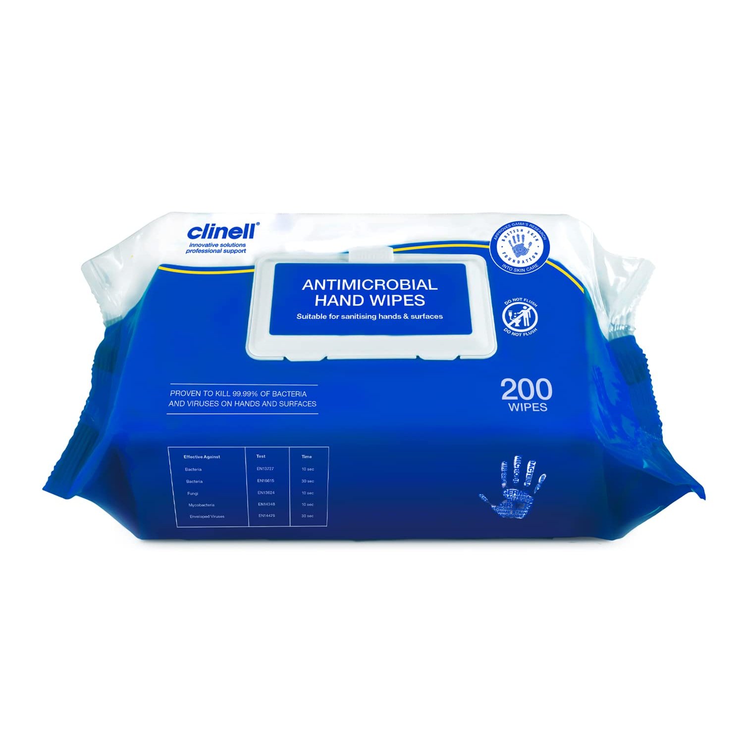 Clinell Antimicrobial Hand Wipes - Pack of 1 - 200 Wipes - Antibacterial, Suitable for Hands and Surfaces - Dermatologically Tested, Kills 99.99% of Germs
