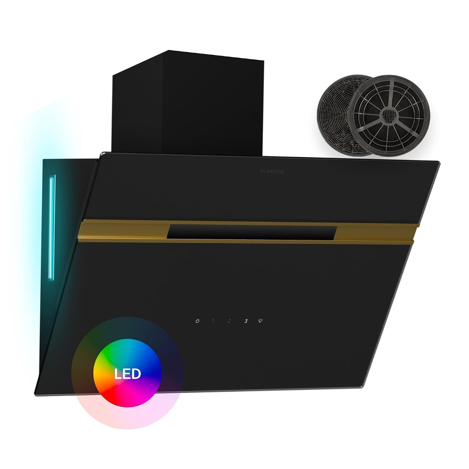 Klarstein Alina Wall Cooker Hood - 60cm Wall-Mounted Kitchen Extractor, 600 m³/h Air Flow, Touch Control, A Energy Efficiency, 9-Colour LED Lighting, Quiet 52 dB, Black-Gold