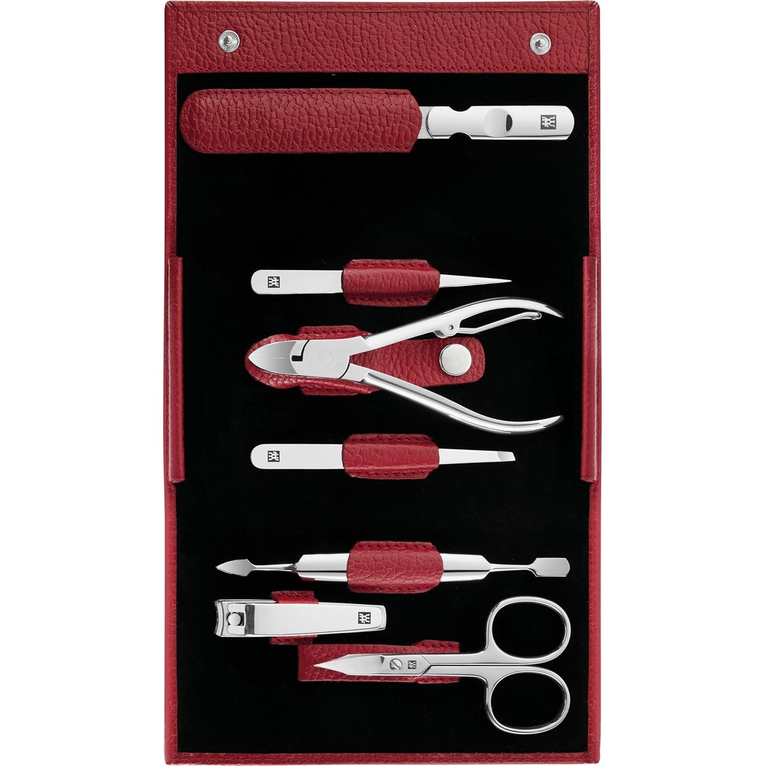 ZWILLING Manicure and Pedicure Set, Classic INOX, Travel Case Set, Nail Care, Leather, 7 Pieces, Red