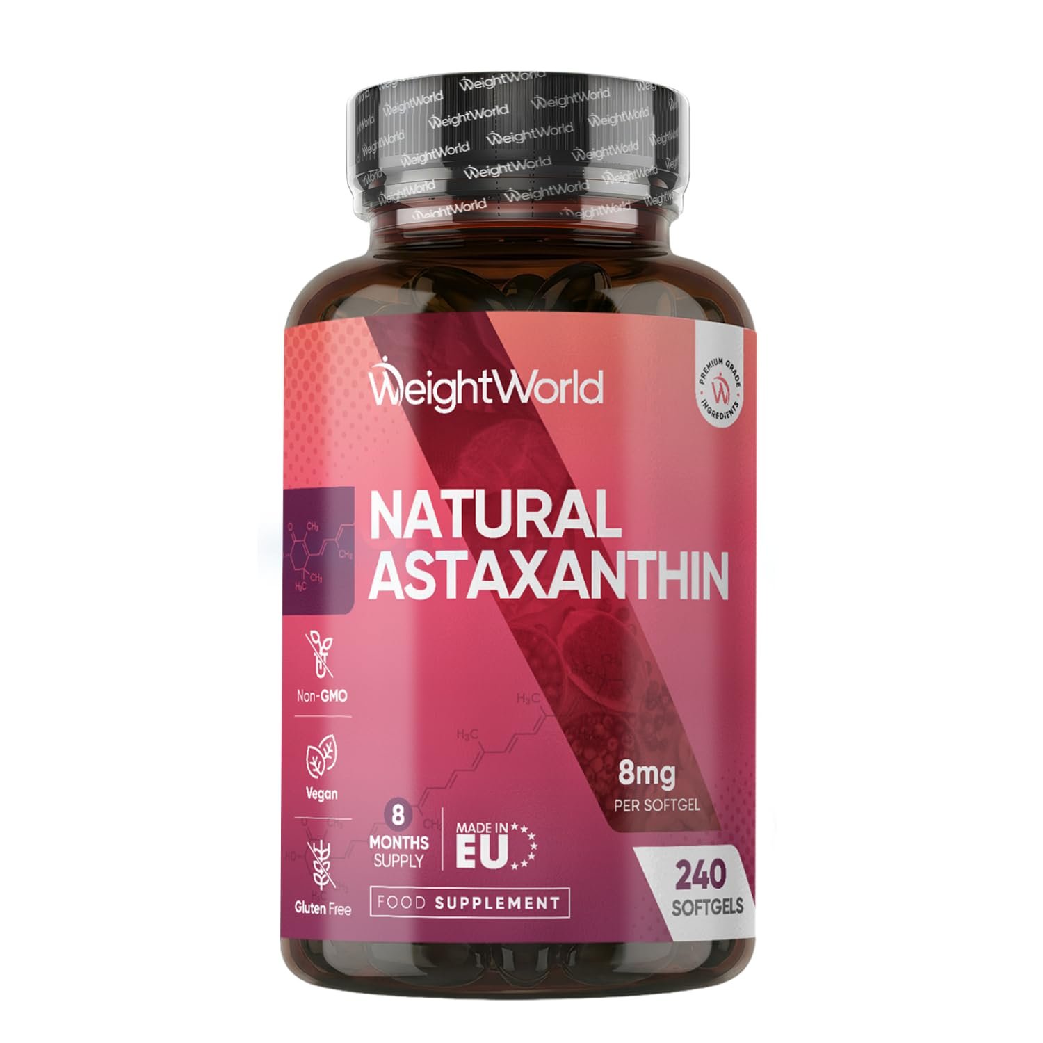 WeightWorld Natural Astaxanthin 8mg - 240 Softgels - 8 Months Supply - Vegan - Sourced from Haematococcus Pluvialis Algae - Non-GMO & GMP-Approved - Astaxanthin Supplements for Men & Women