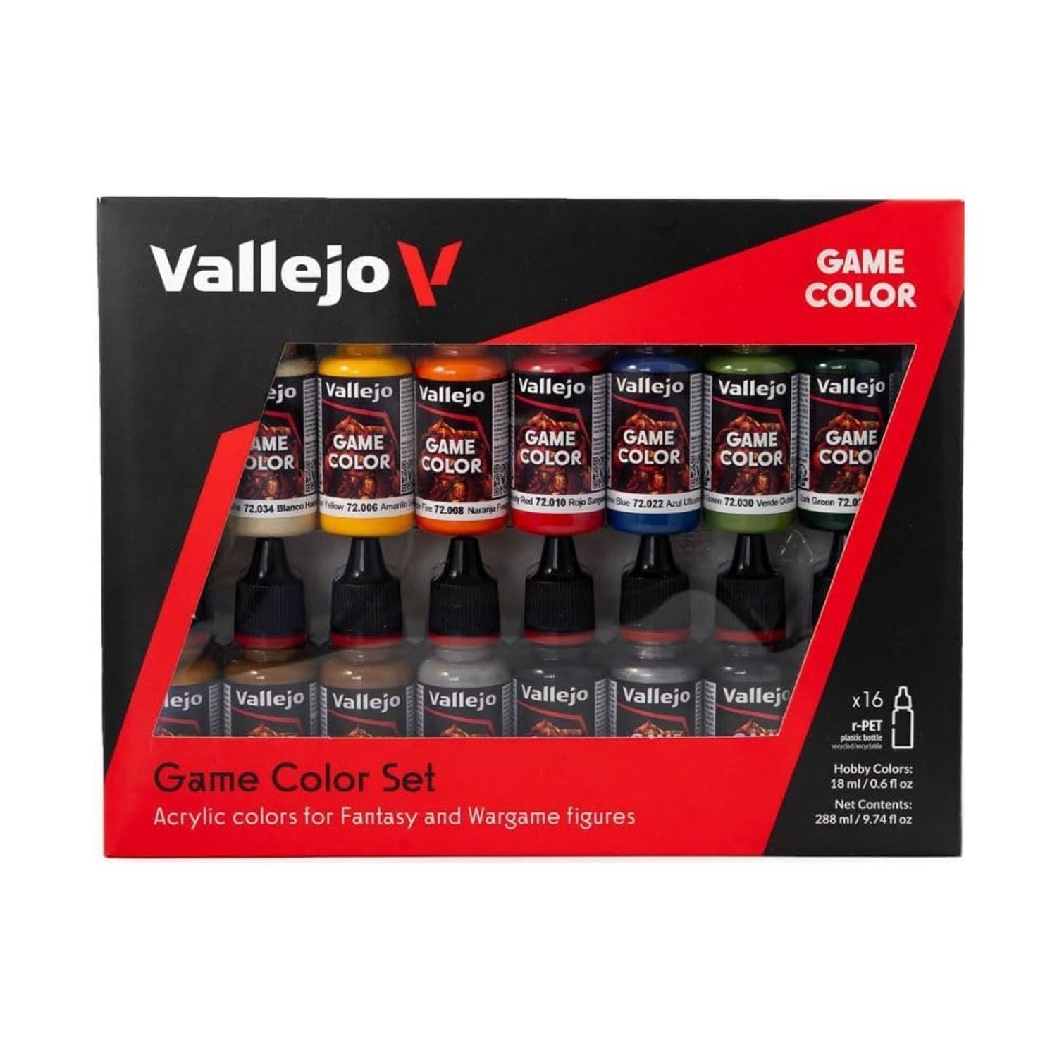 Vallejo Game Color Acrylic Paint Set, 16 Matte and Metallic Colors, 18 ml Dropper Bottles, Starter Kit for Fantasy and Wargaming Miniatures