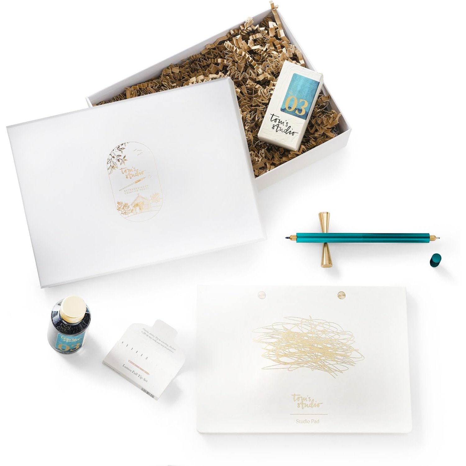 Tom's Studio Lumos Pro Gift Set – Ivy | Refillable Double-Ended Pen with 11 Tips, Ink Set, Pad & Brass Pen Rest | Luxury Gift for Artists, Calligraphy, Journaling & Creativity Lovers
