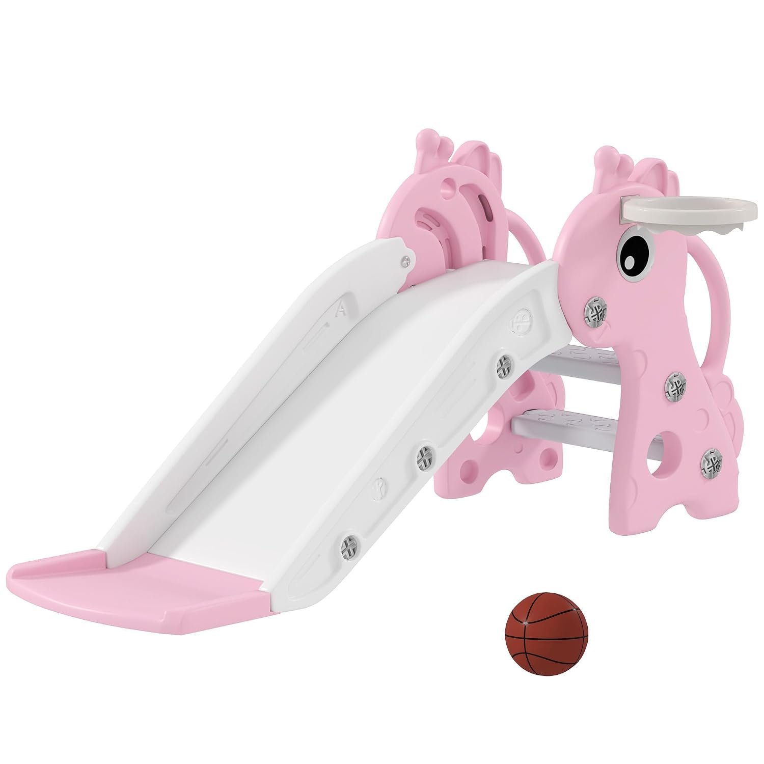 AIYAPLAY 3 in 1 Kids Slide, Giraffe Shape Toddler Slide with Climber, Basketball Hoop and Ball, Indoor Playground Equipment for Age 1-3, Pink