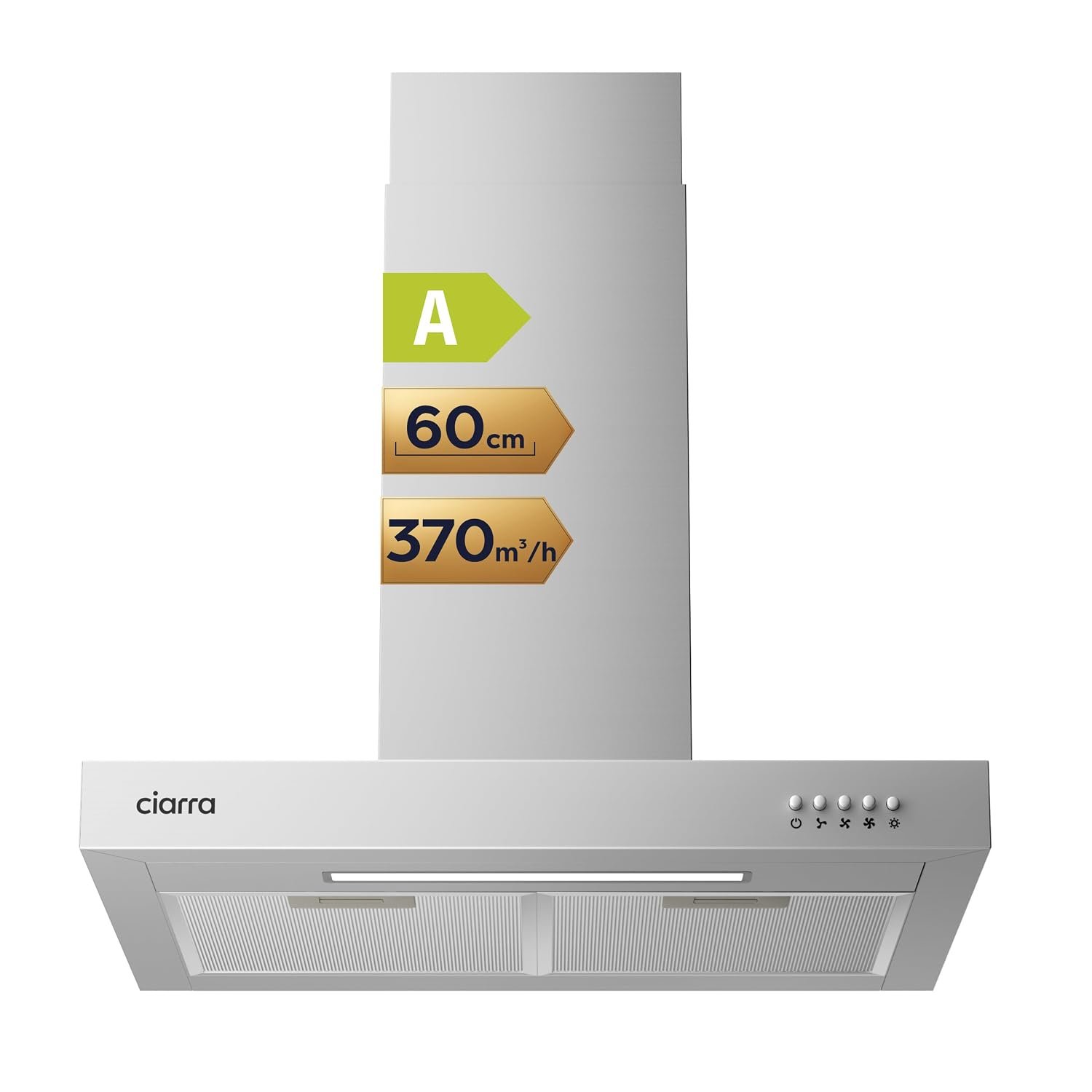 CIARRA Cooker Hoods 60cm CBCS6125 Chimney vent Hood 600mm with Recirculating & Ducting System, LED,3 Speed, 370m³/h Wall Mounted Range Hood 600mm - Stainless Steel