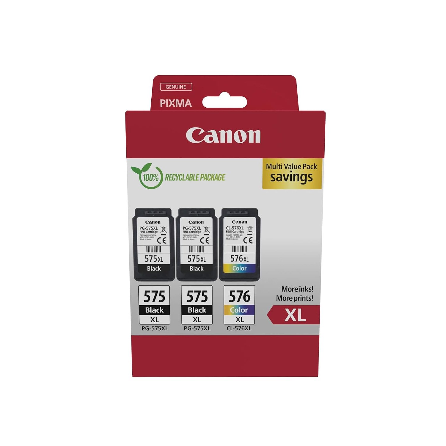 Canon PG-575XL x 2 / CL-576XL High Yield Genuine Ink Cartridges, Pack of 3 (2 x Black, 1 x Colour) - Security Cardboard Multipack