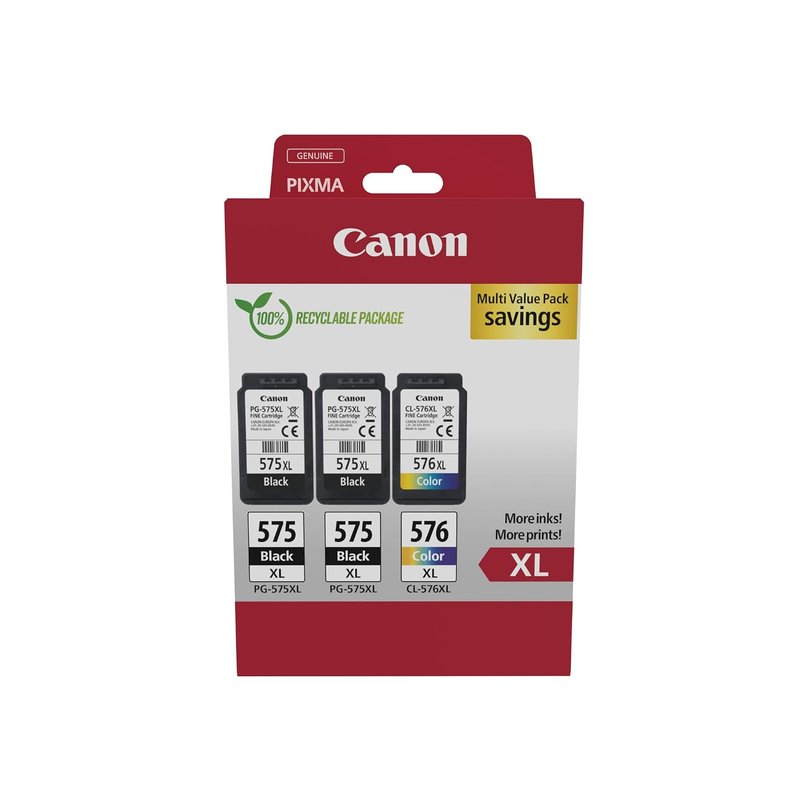 Canon PG-575XL x 2 / CL-576XL High Yield Genuine Ink Cartridges, Pack of 3 (2 x Black, 1 x Colour) - Security Cardboard Multipack