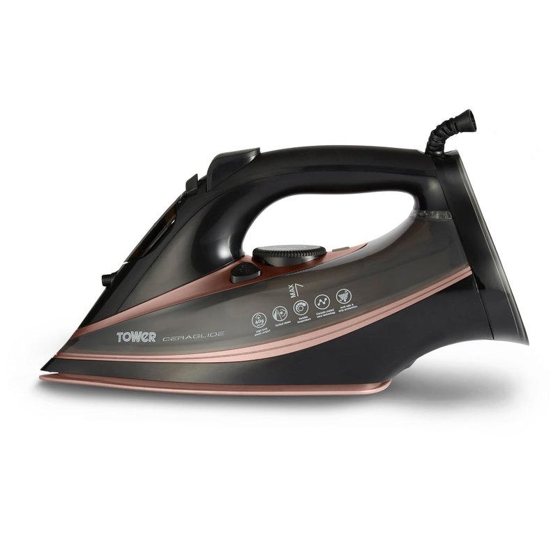 Tower Steam Iron 3100W, Fast Heat-Up for Quick Ironing, 180g Steam Boost, Ceramic Soleplate for Smooth Glide, 360ml Tank, Anti-Drip System, Black & Rose Gold (T22013)